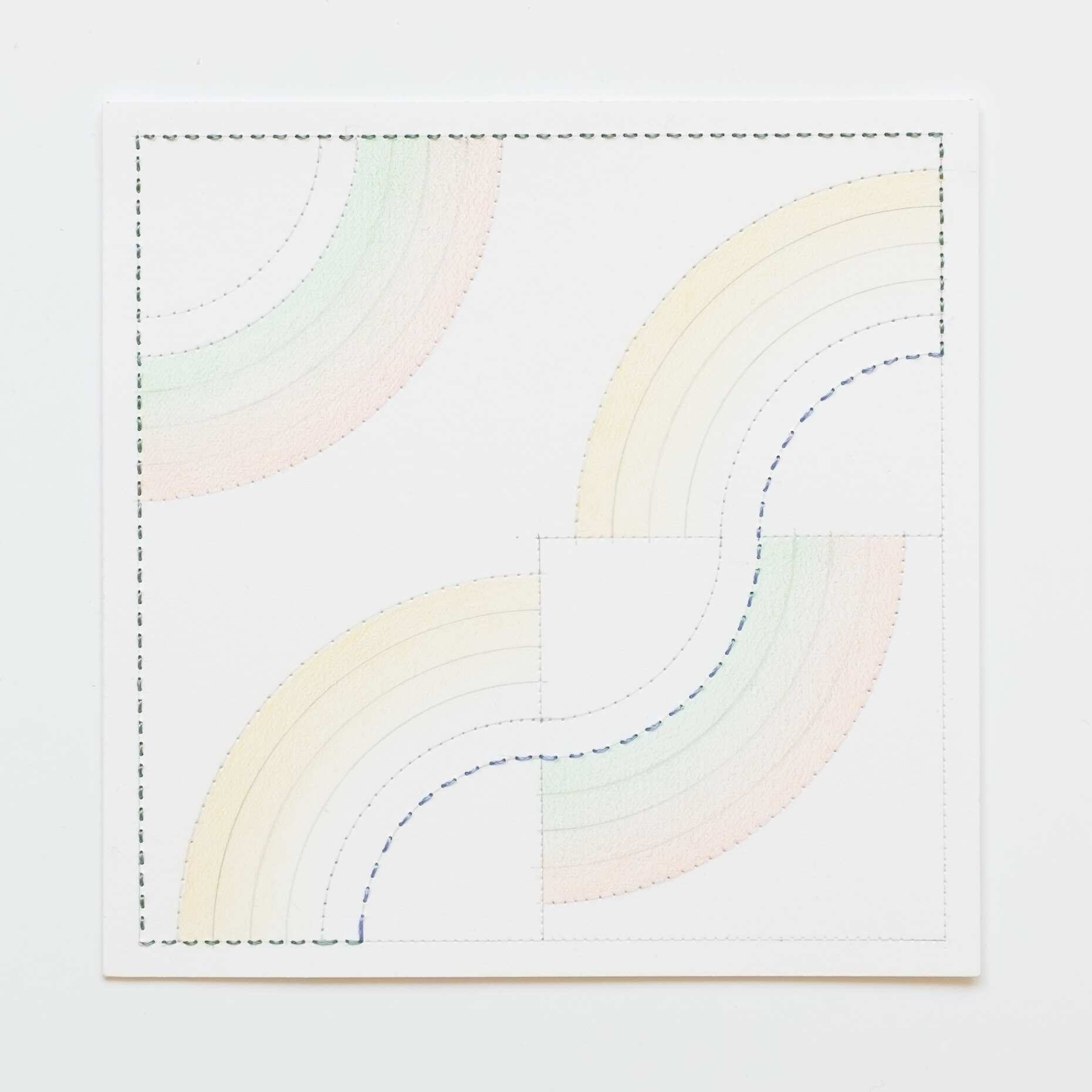 Quilted Composition [white // rainbows YGO], Hand-embroidered silk thread, pencil, and coloured pencil on paper, 2019