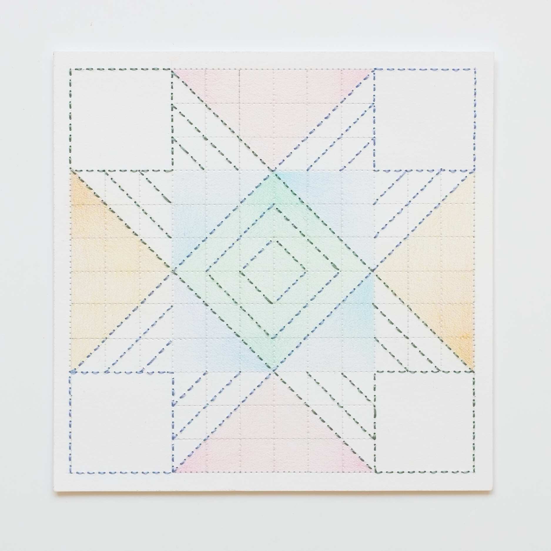 Quilted Composition [white // squares PGBYO], Hand-embroidered silk thread, pencil, and coloured pencil on paper, 2019