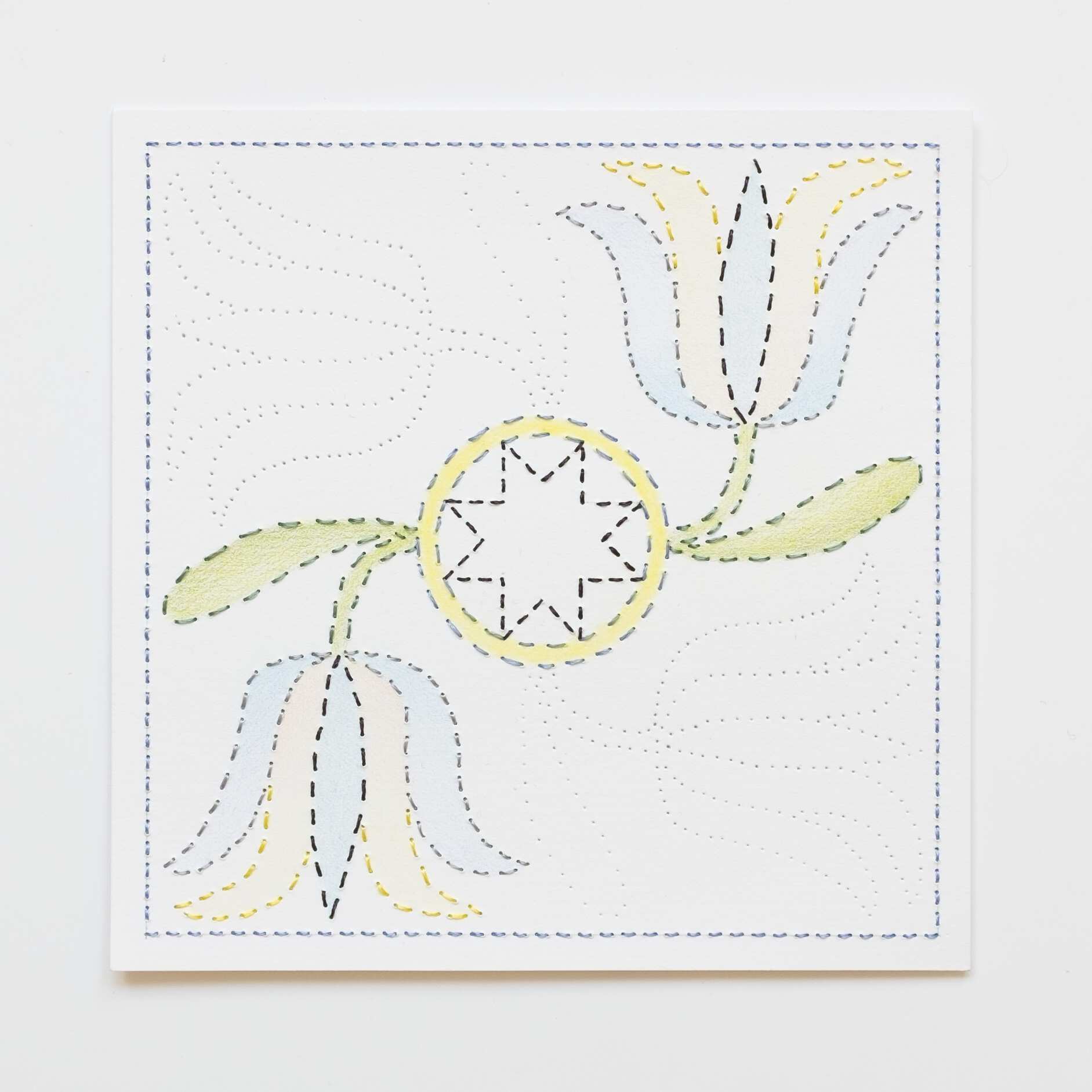 Quilted Composition [white // tulips], Hand-embroidered silk thread, pencil, and coloured pencil on paper, 2019