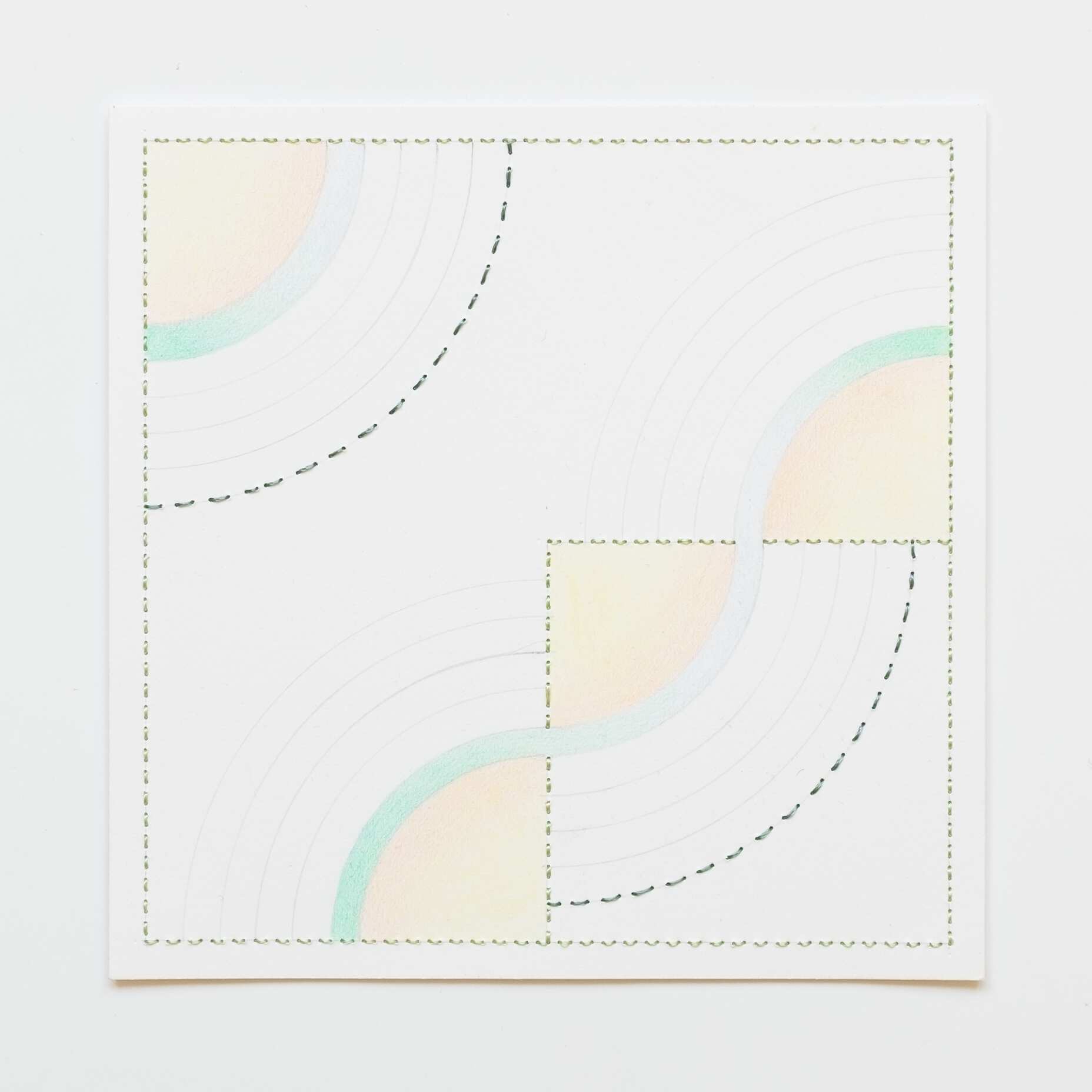 Quilted Composition [white // rainbows YGOB], Hand-embroidered silk thread, pencil, and coloured pencil on paper, 2019