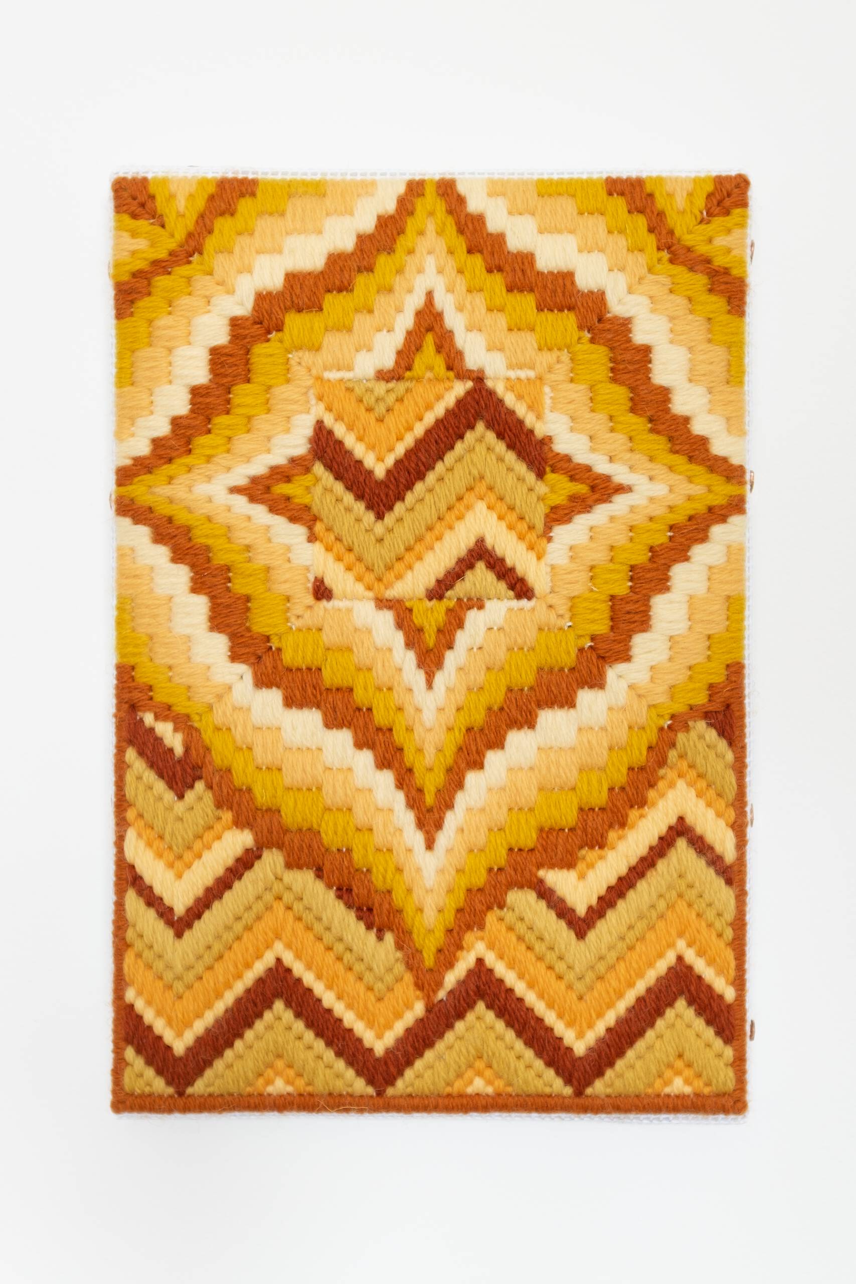 Rainbows on Titan (in memoriam to my childhood drawings) [goldenrod], Hand-embroidered wool on canvas over panel, 2020