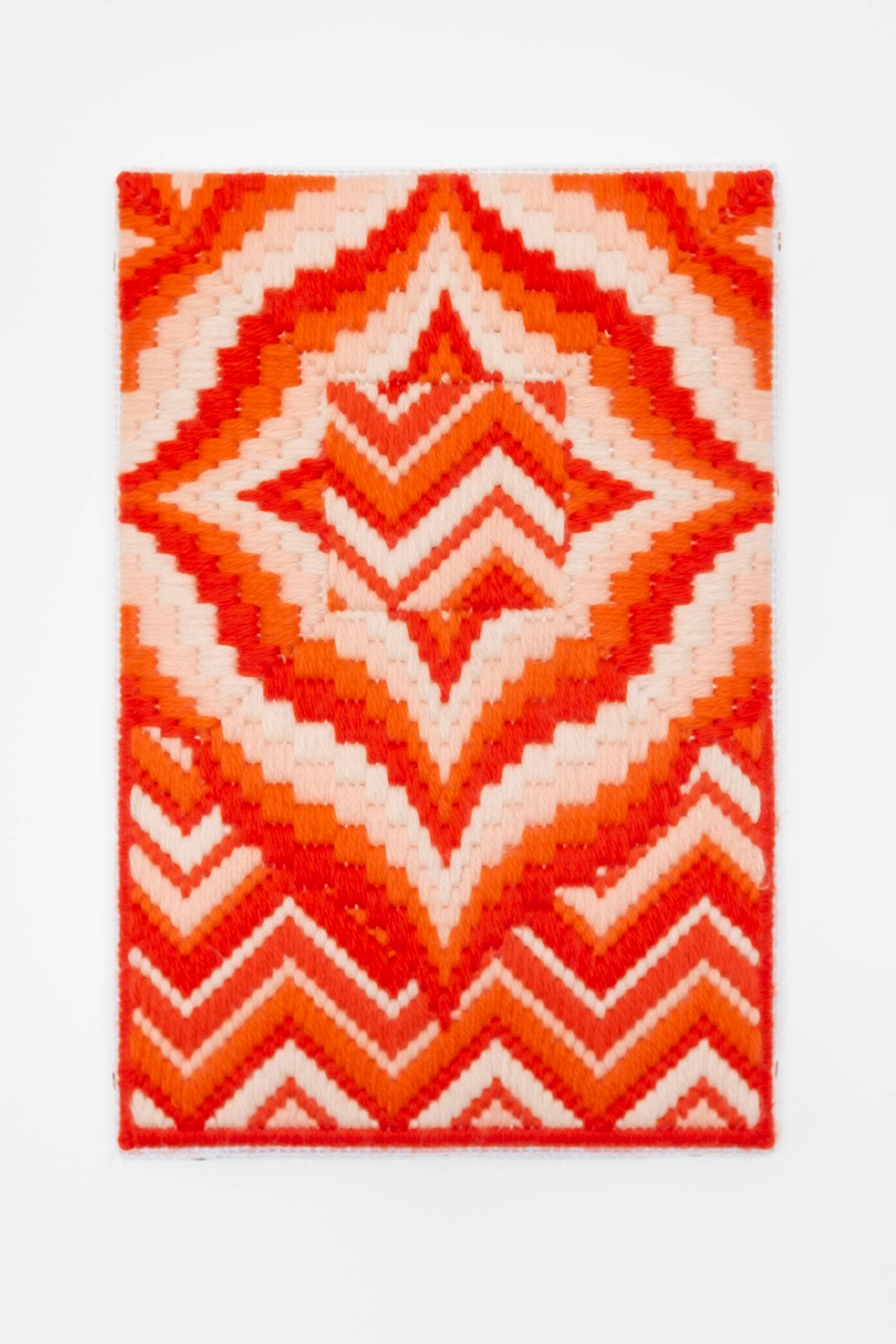 Rainbows on Titan (in memoriam to my childhood drawings) [orange], Hand-embroidered wool on canvas over panel, 2020