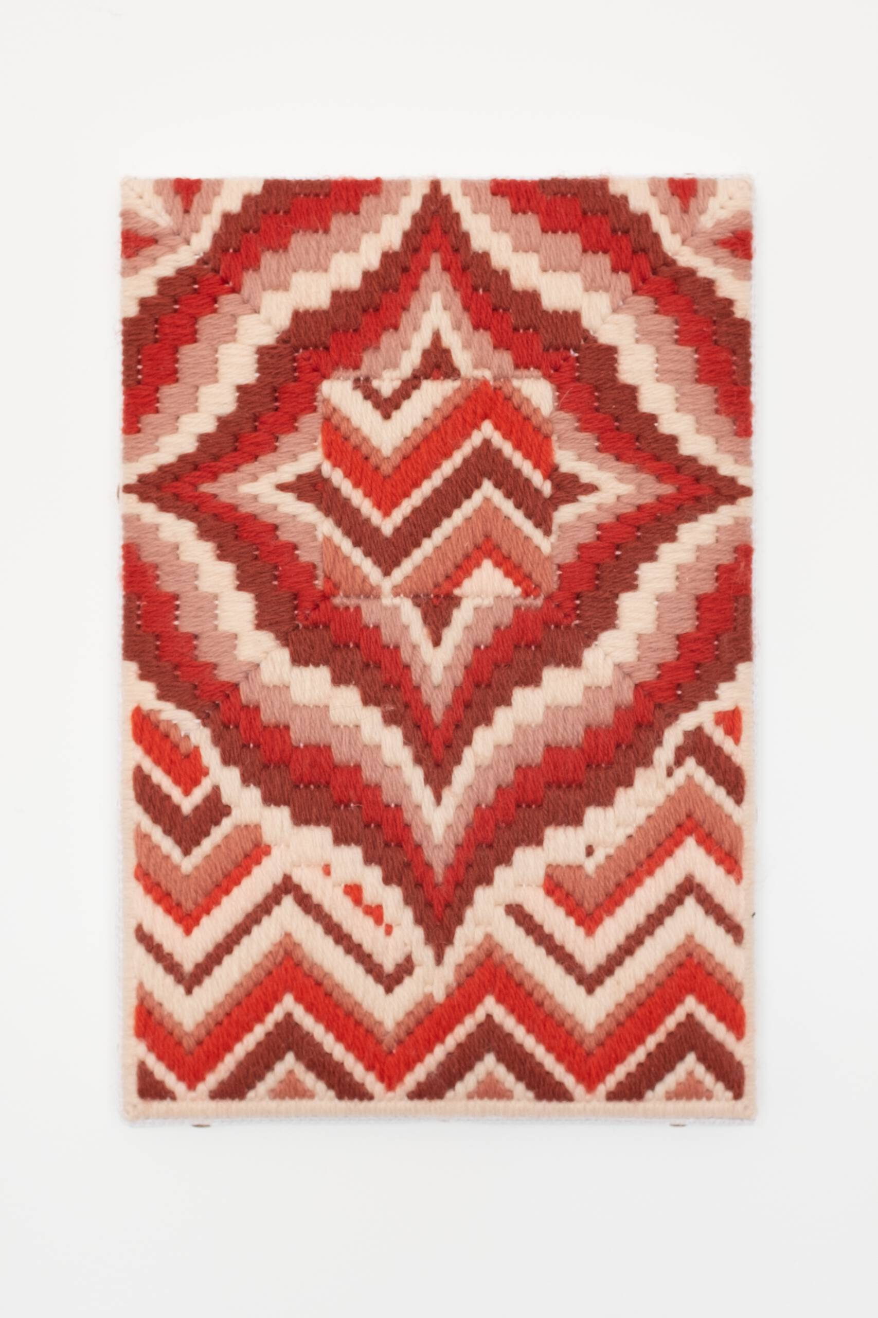 Rainbows on Titan (in memoriam to my childhood drawings) [red], Hand-embroidered wool on canvas over panel, 2020