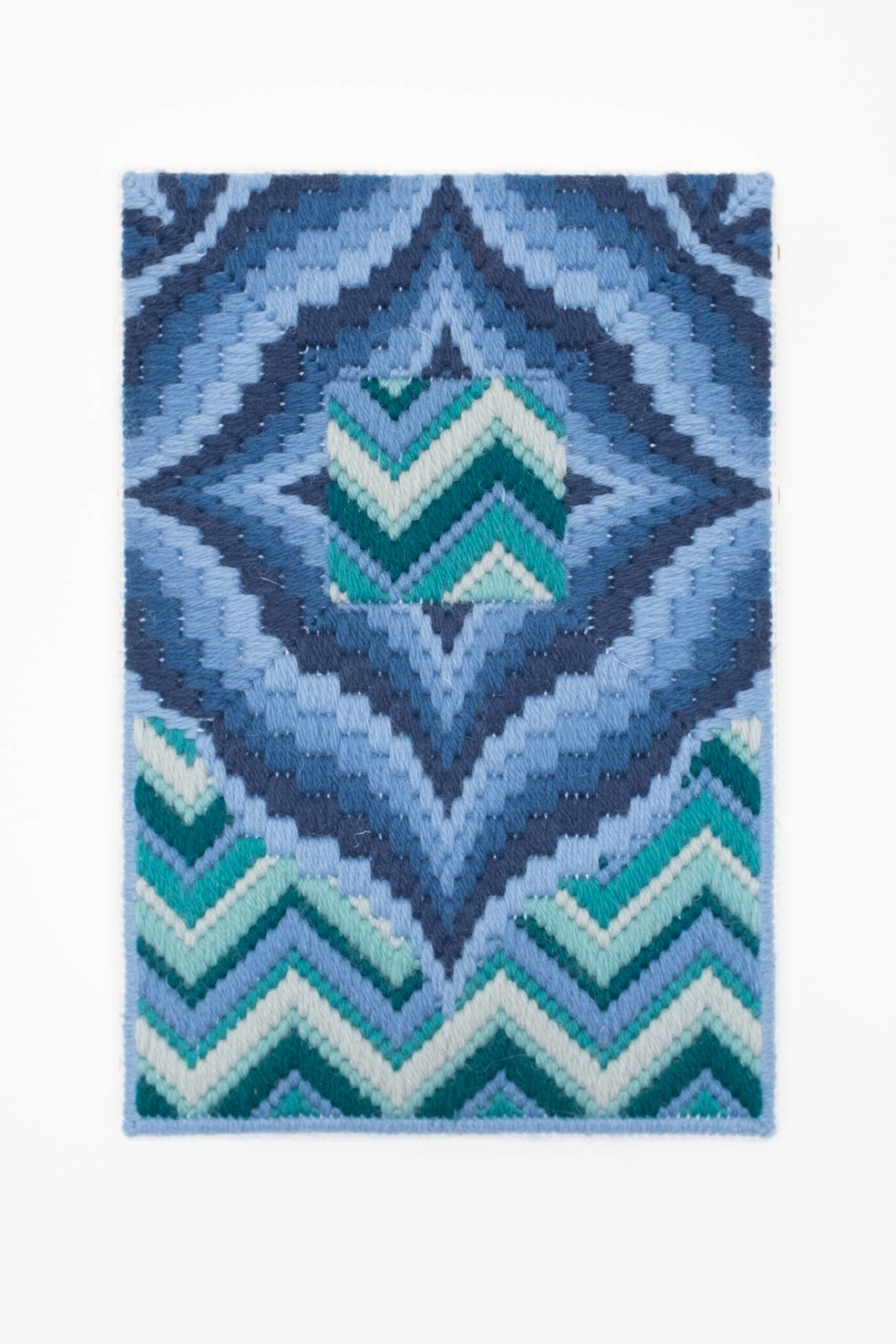 Rainbows on Titan (in memoriam to my childhood drawings) [blue], Hand-embroidered wool on canvas over panel, 2018