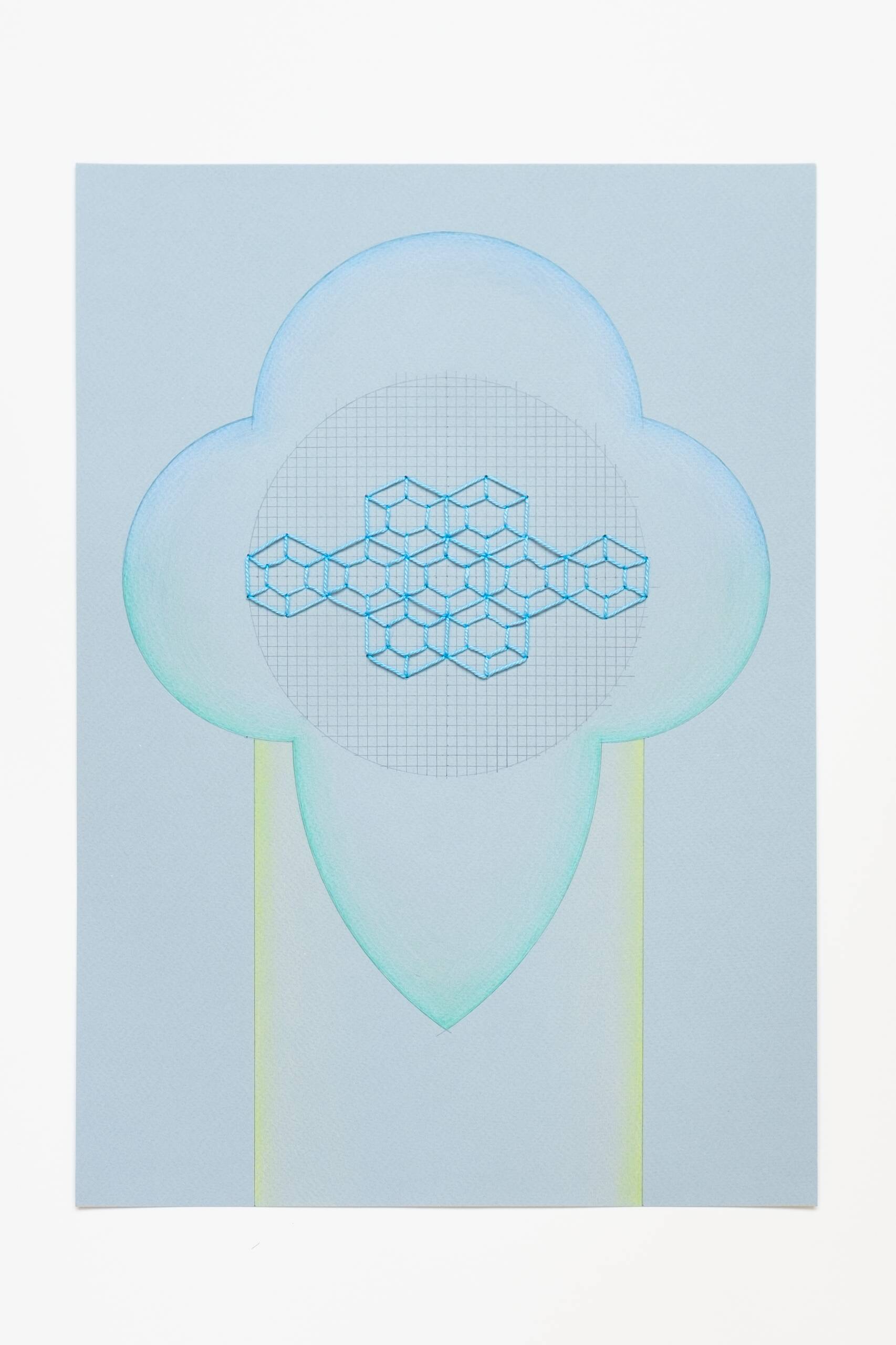 Sashiko circle [blue on blue], Hand-embroidered cotton thread, pencil and colored pencil on paper, 2020