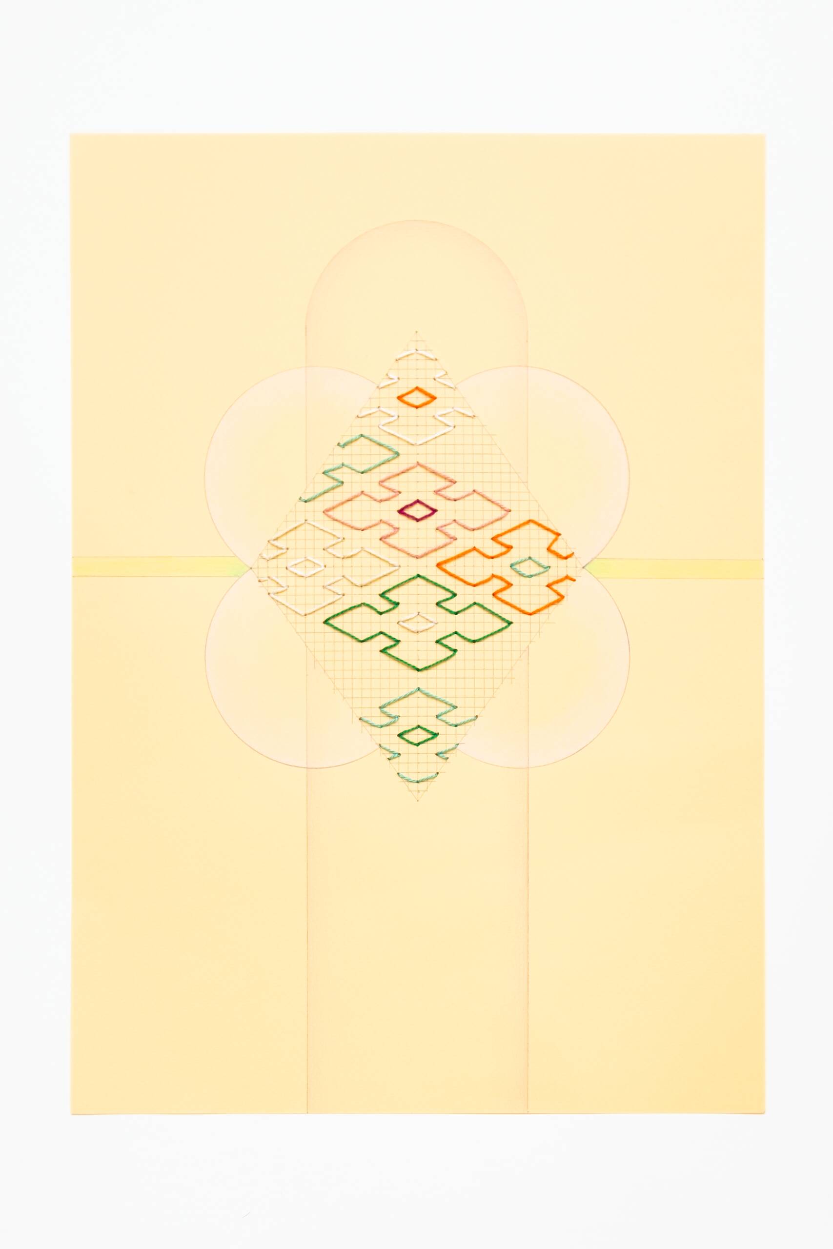 Sashiko diamond [multicolour on goldenrod], Hand-embroidered cotton thread, pencil and colored pencil on paper, 2020