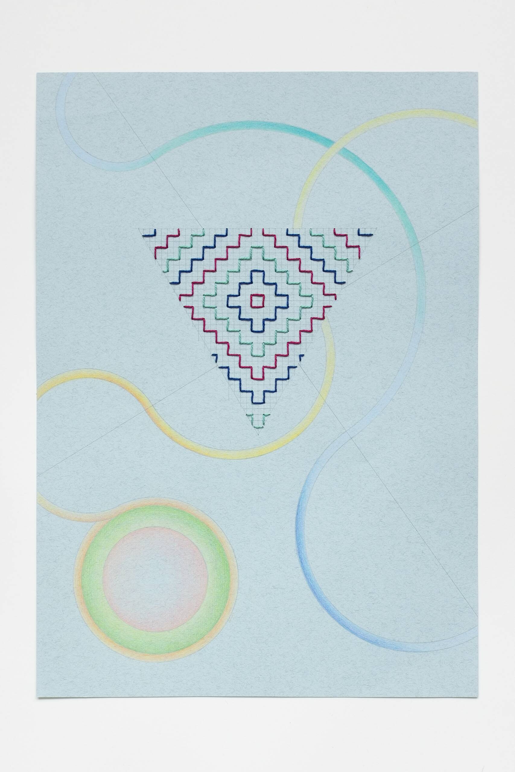 Sashiko triangle [navy-mauve-teal on blue], Hand-embroidered cotton thread, pencil and colored pencil on paper, 2020
