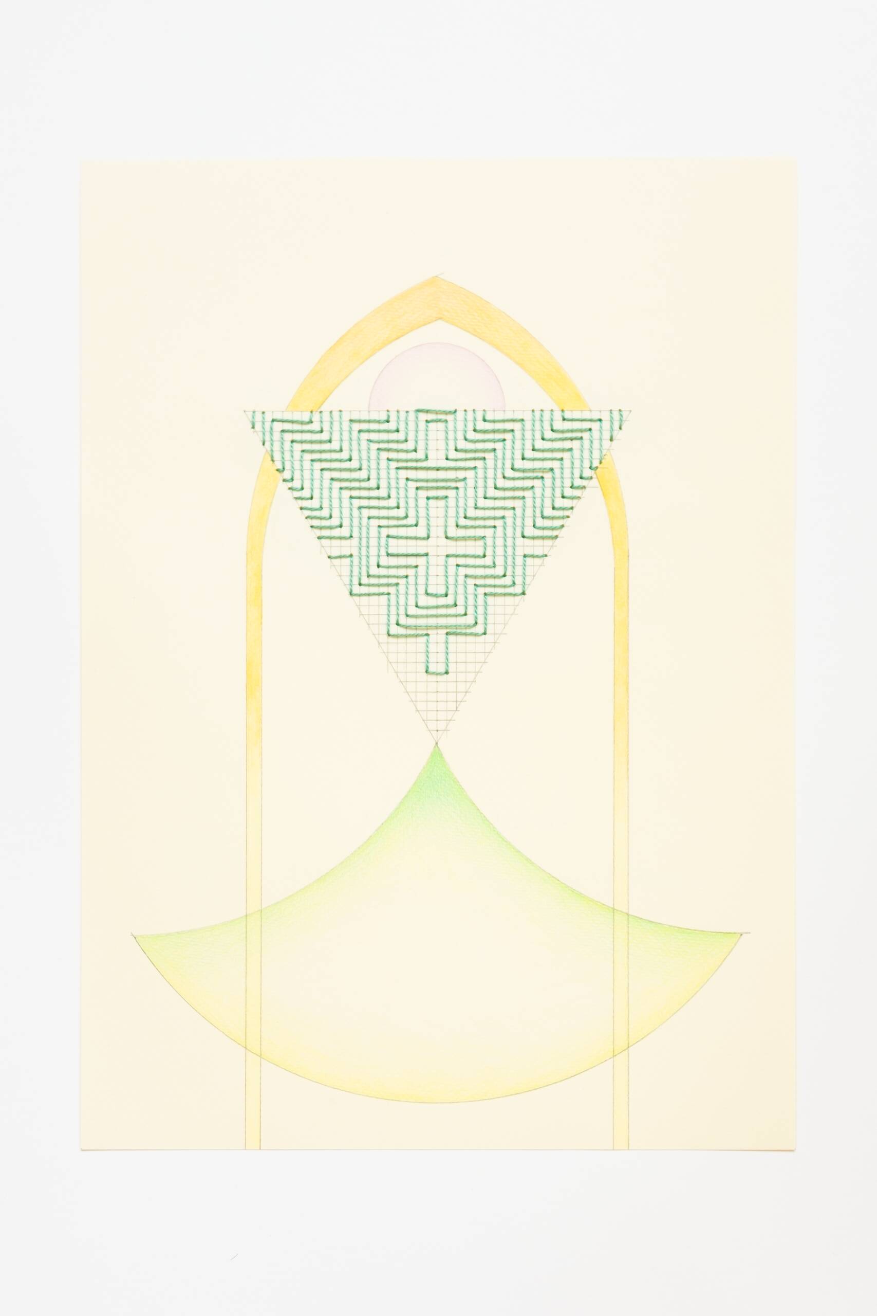 Sashiko triangle [green on yellow], Hand-embroidered cotton thread, pencil and colored pencil on paper, 2020