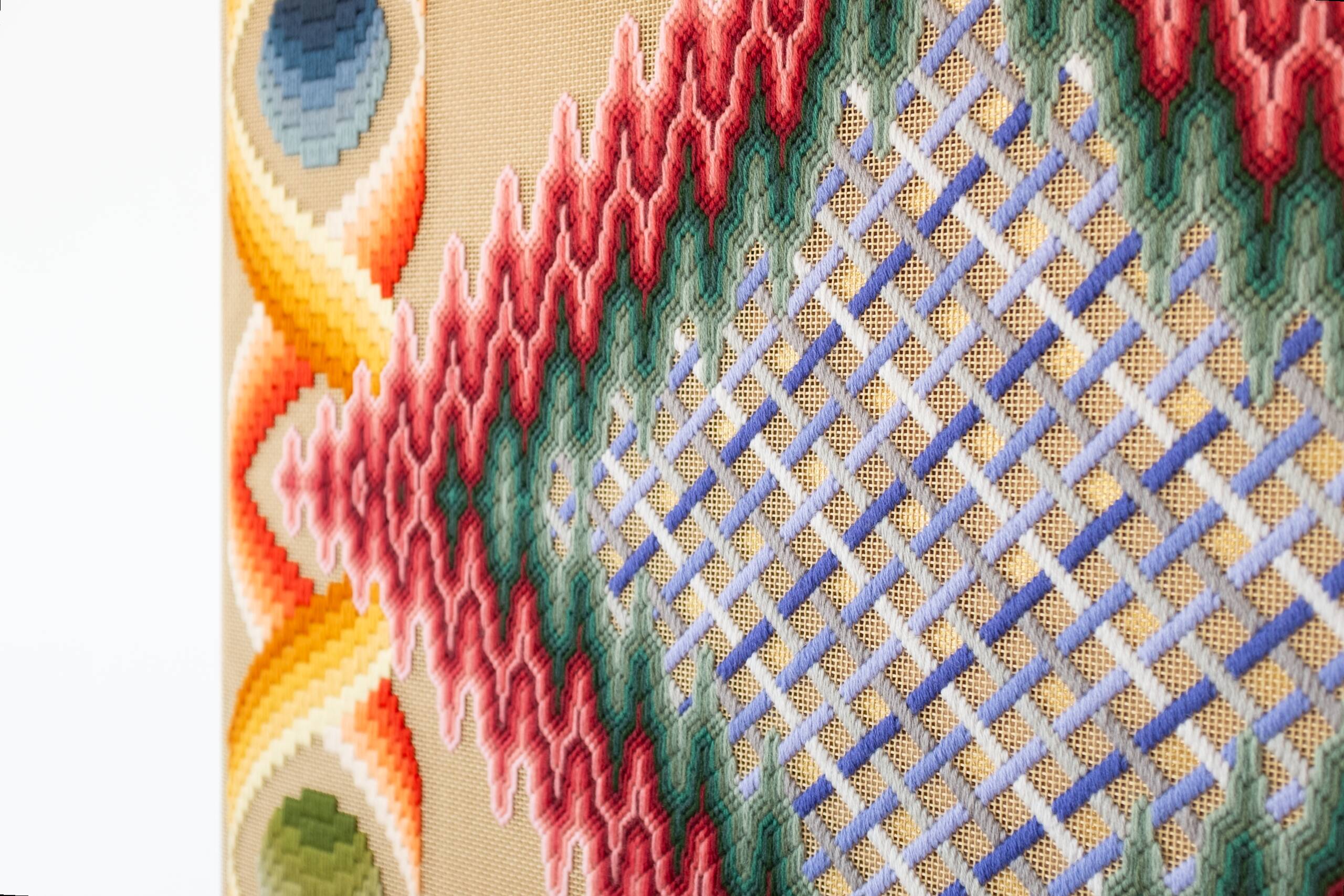 sky-mask bearing the hint of eyes, or of a mouth, or perhaps both [pink-green psychic portal], Hand-embroidered wool yarn on cotton canvas over cedar panel, 24-carat gold leaf, 2024