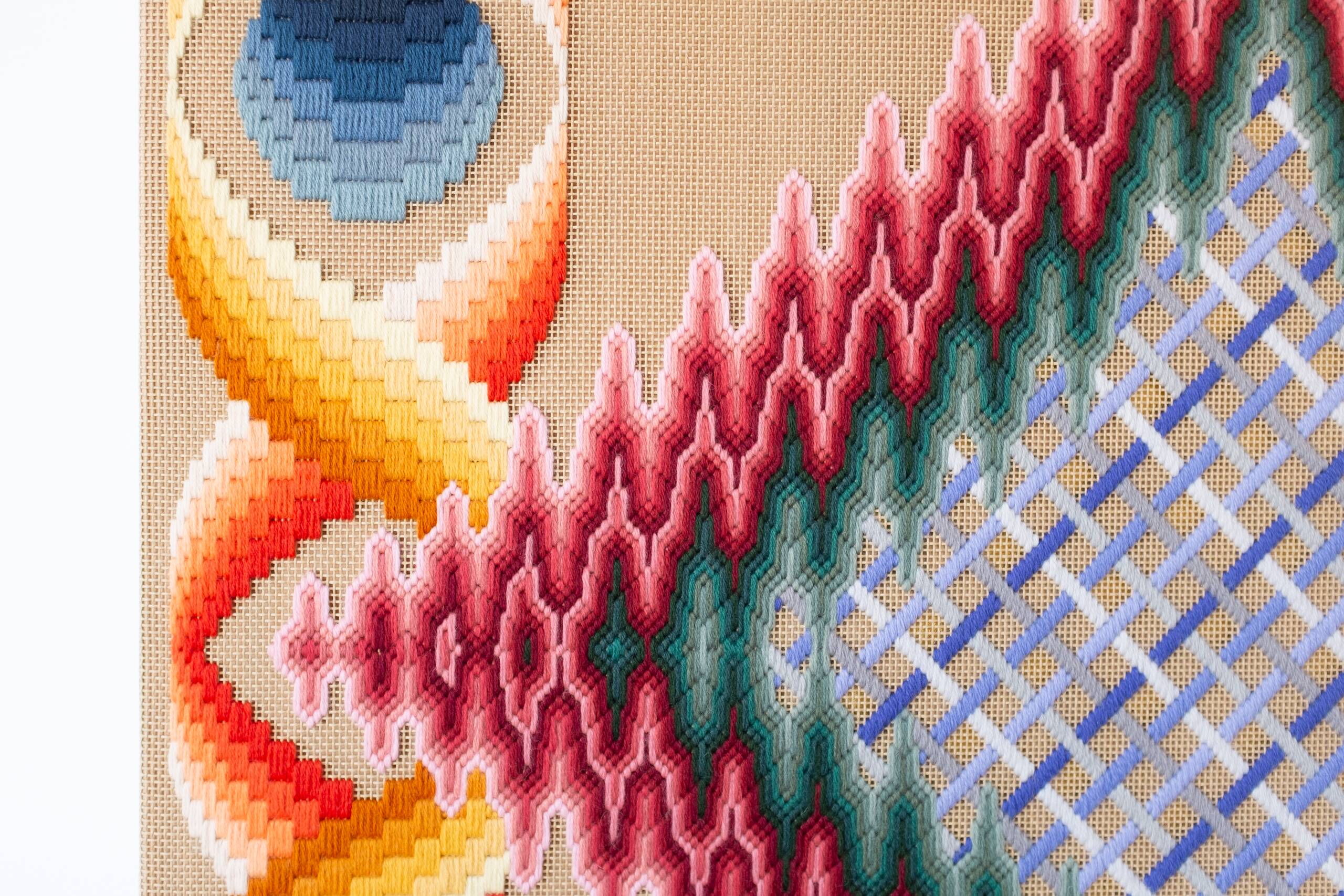 sky-mask bearing the hint of eyes, or of a mouth, or perhaps both [pink-green psychic portal], Hand-embroidered wool yarn on cotton canvas over cedar panel, 24-carat gold leaf, 2024