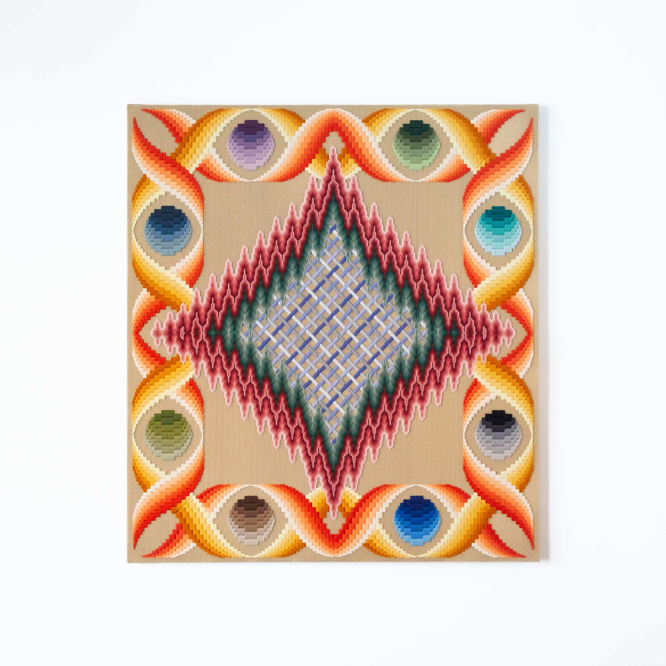 sky-mask bearing the hint of eyes, or of a mouth, or perhaps both [pink-green psychic portal], Hand-embroidered wool yarn on cotton canvas over cedar panel, 24-carat gold leaf, 2024