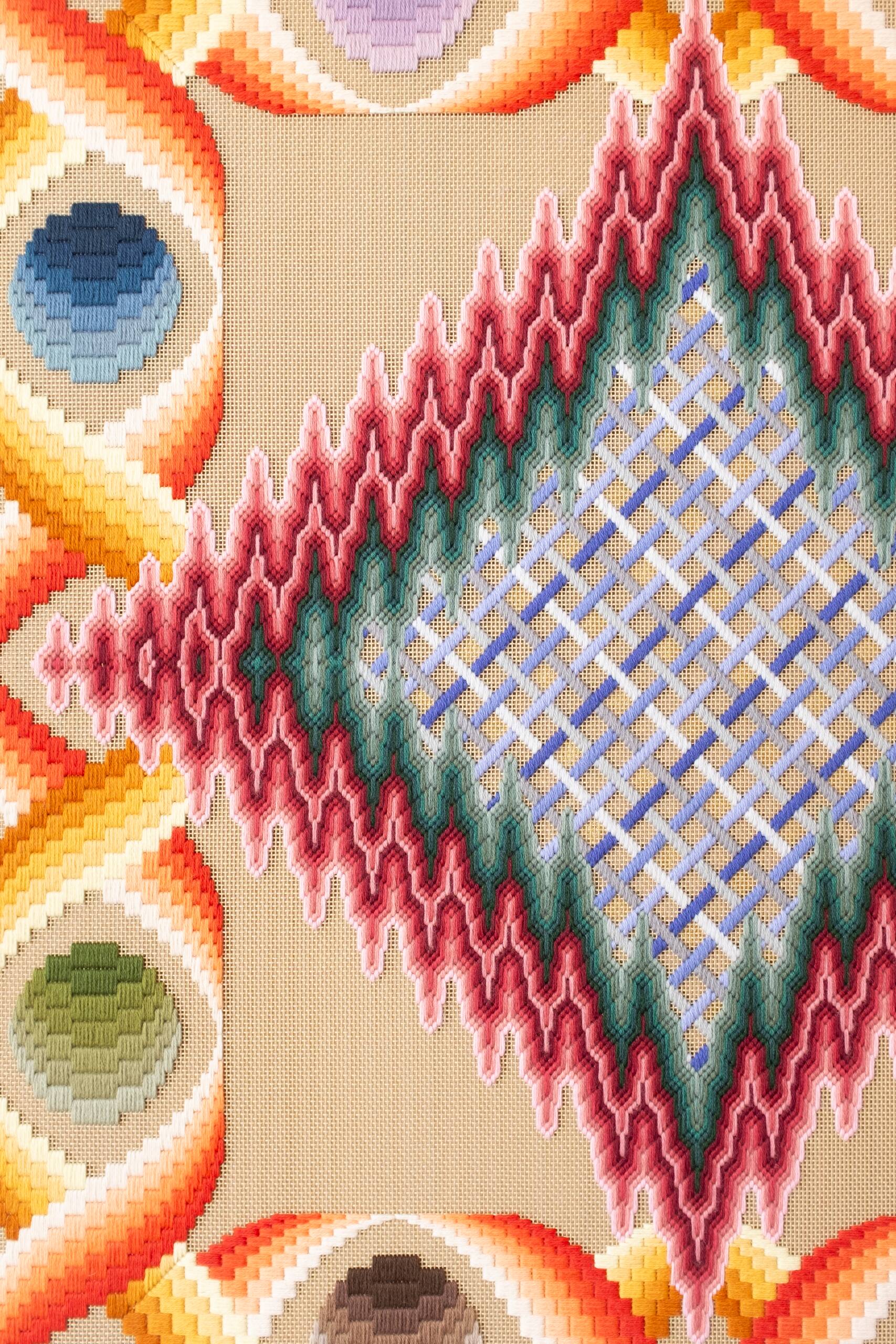 sky-mask bearing the hint of eyes, or of a mouth, or perhaps both [pink-green psychic portal], Hand-embroidered wool yarn on cotton canvas over cedar panel, 24-carat gold leaf, 2024
