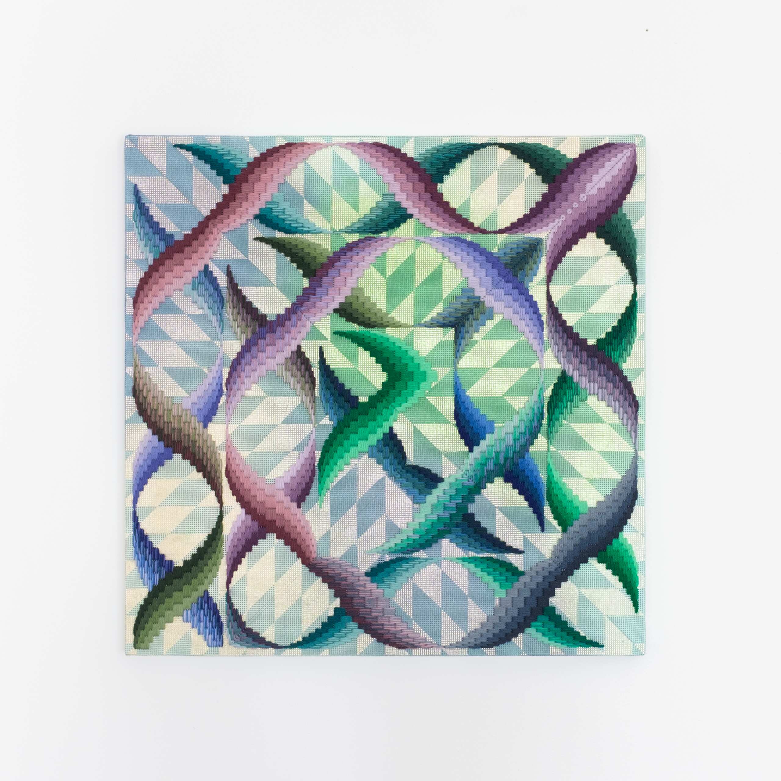 Somerset [eddy, river], Hand-embroidered wool yarn and acrylic paint on canvas over gilded panel, 2021