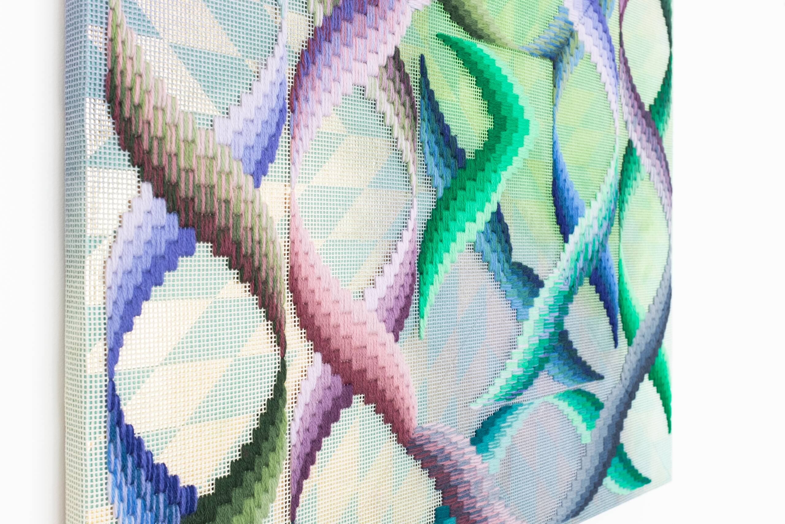 Somerset [eddy, river], Hand-embroidered wool yarn and acrylic paint on canvas over gilded panel, 2021