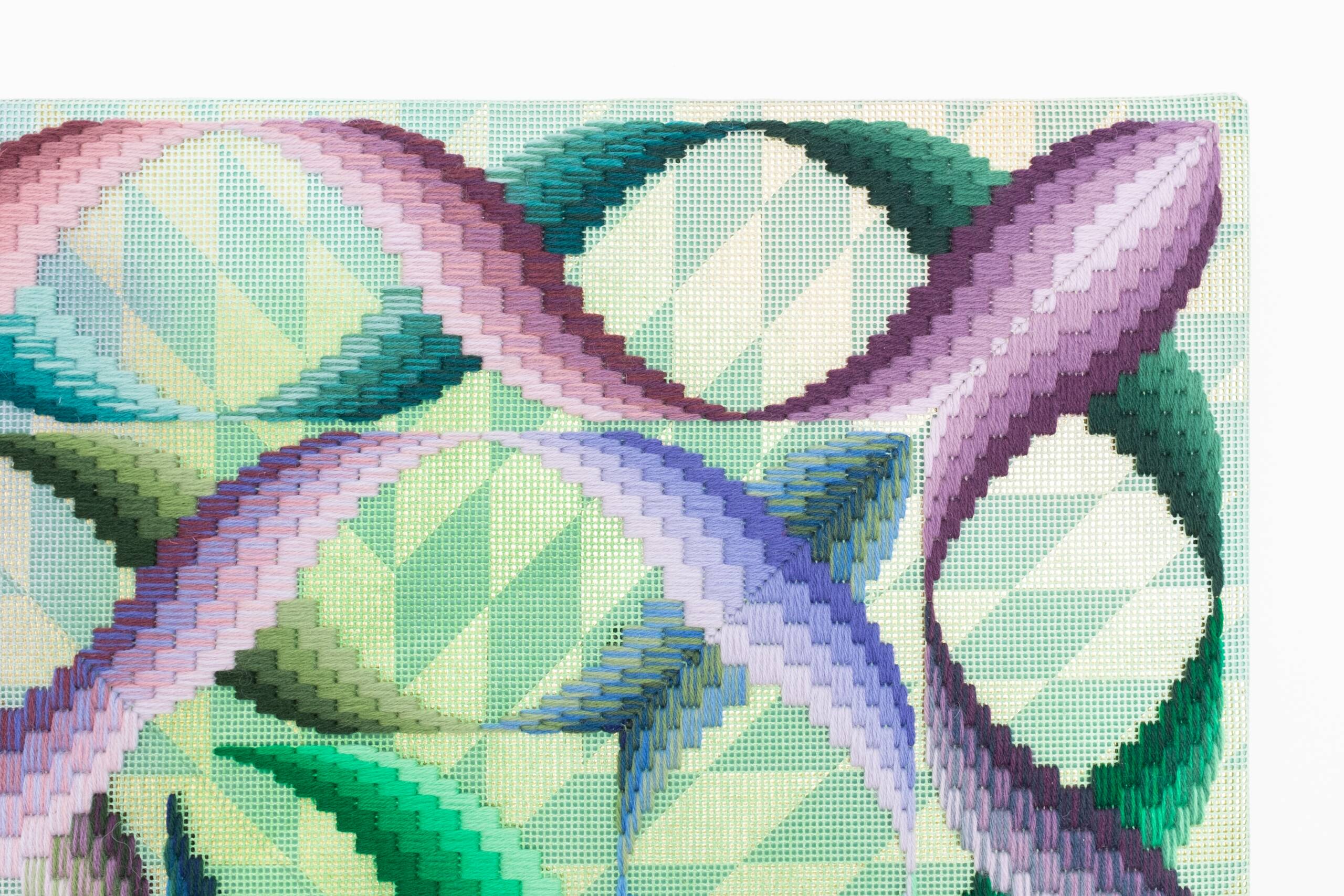 Somerset [eddy, river], Hand-embroidered wool yarn and acrylic paint on canvas over gilded panel, 2021