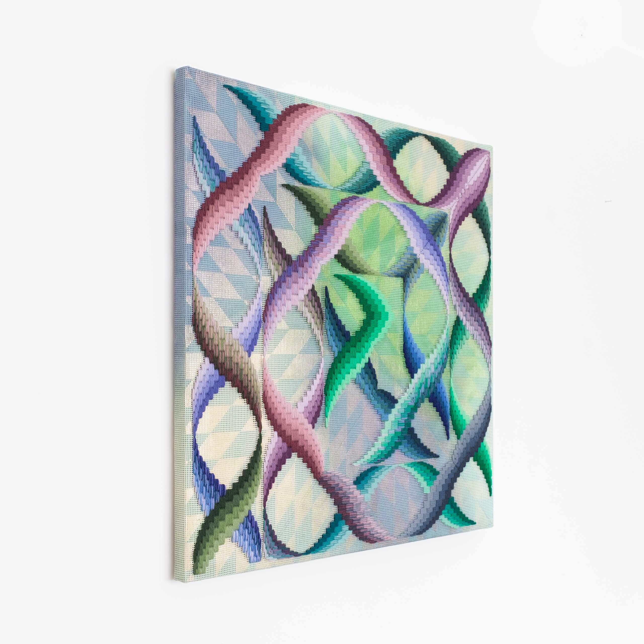 Somerset [eddy, river], Hand-embroidered wool yarn and acrylic paint on canvas over gilded panel, 2021