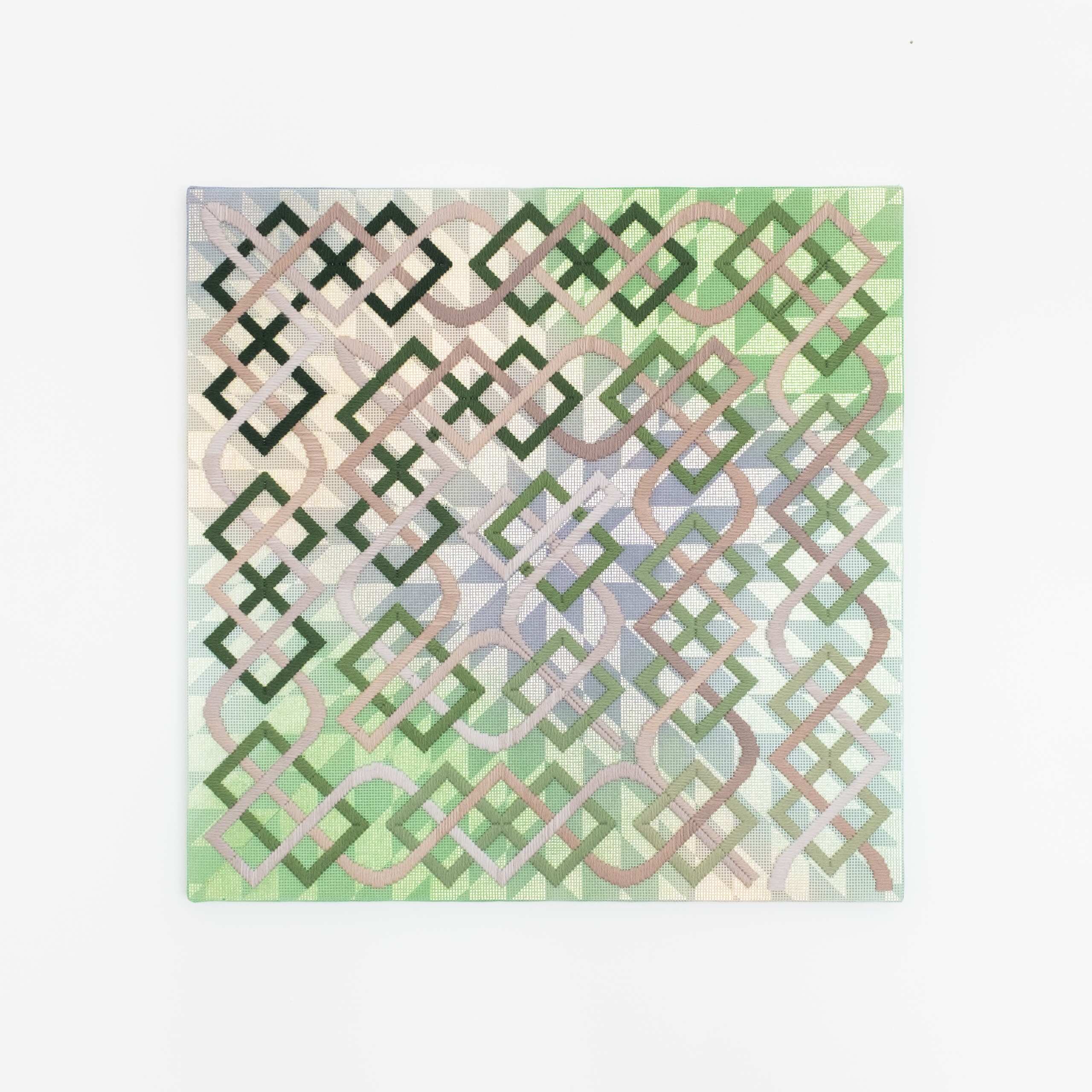 Somerset [eddy, staircase], Hand-embroidered wool yarn and acrylic paint on canvas over gilded panel, 2021