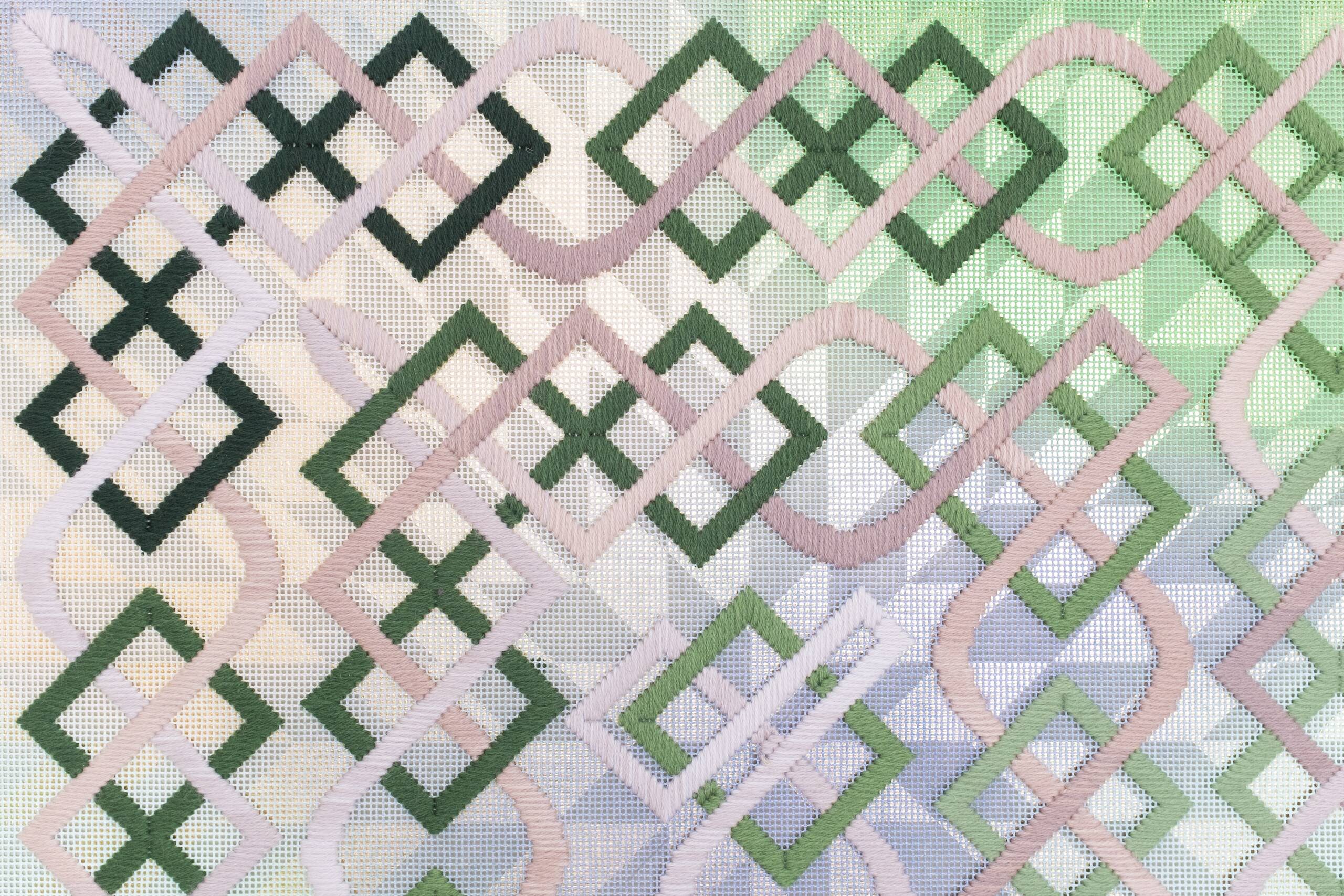 Somerset [eddy, staircase], Hand-embroidered wool yarn and acrylic paint on canvas over gilded panel, 2021