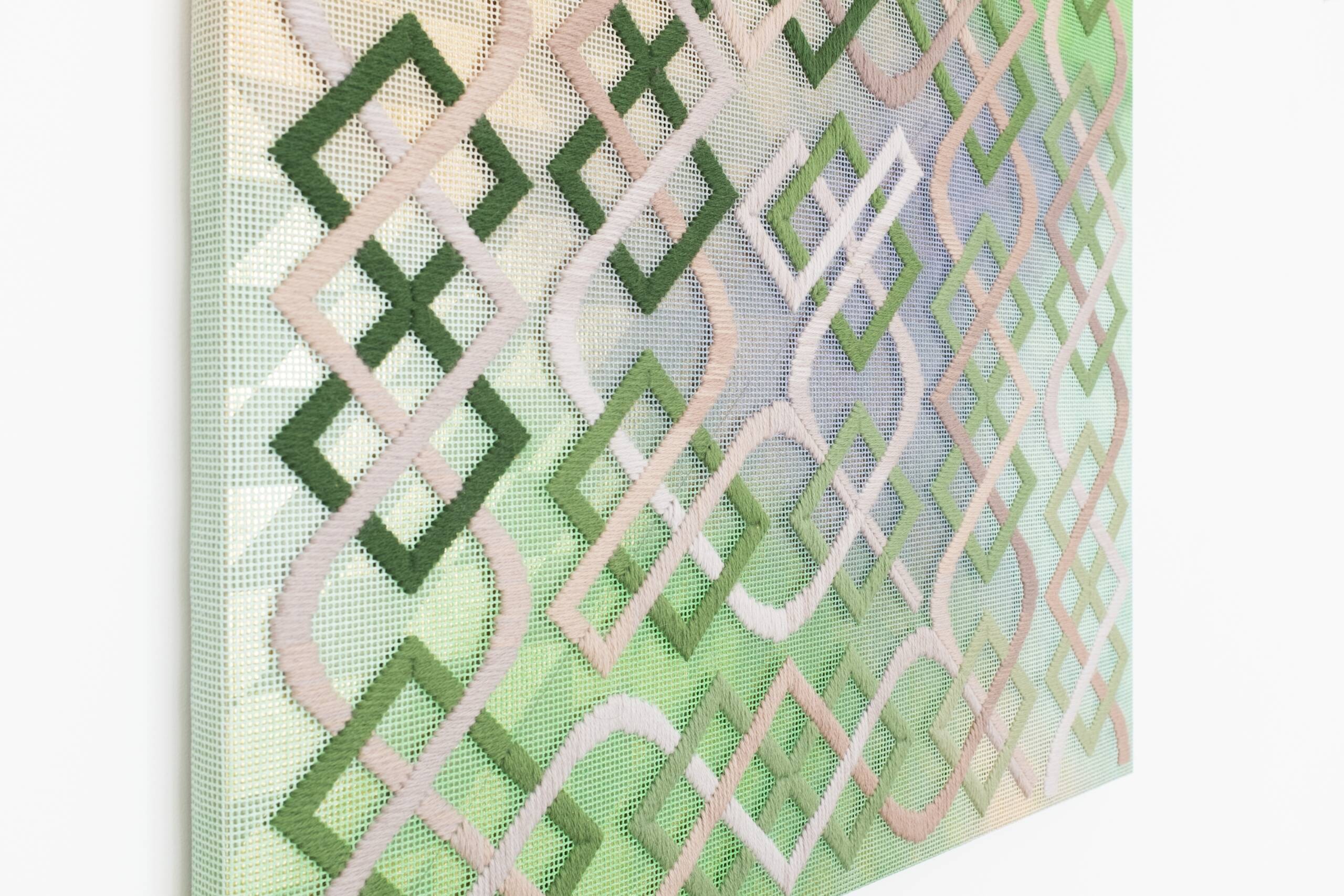 Somerset [eddy, staircase], Hand-embroidered wool yarn and acrylic paint on canvas over gilded panel, 2021