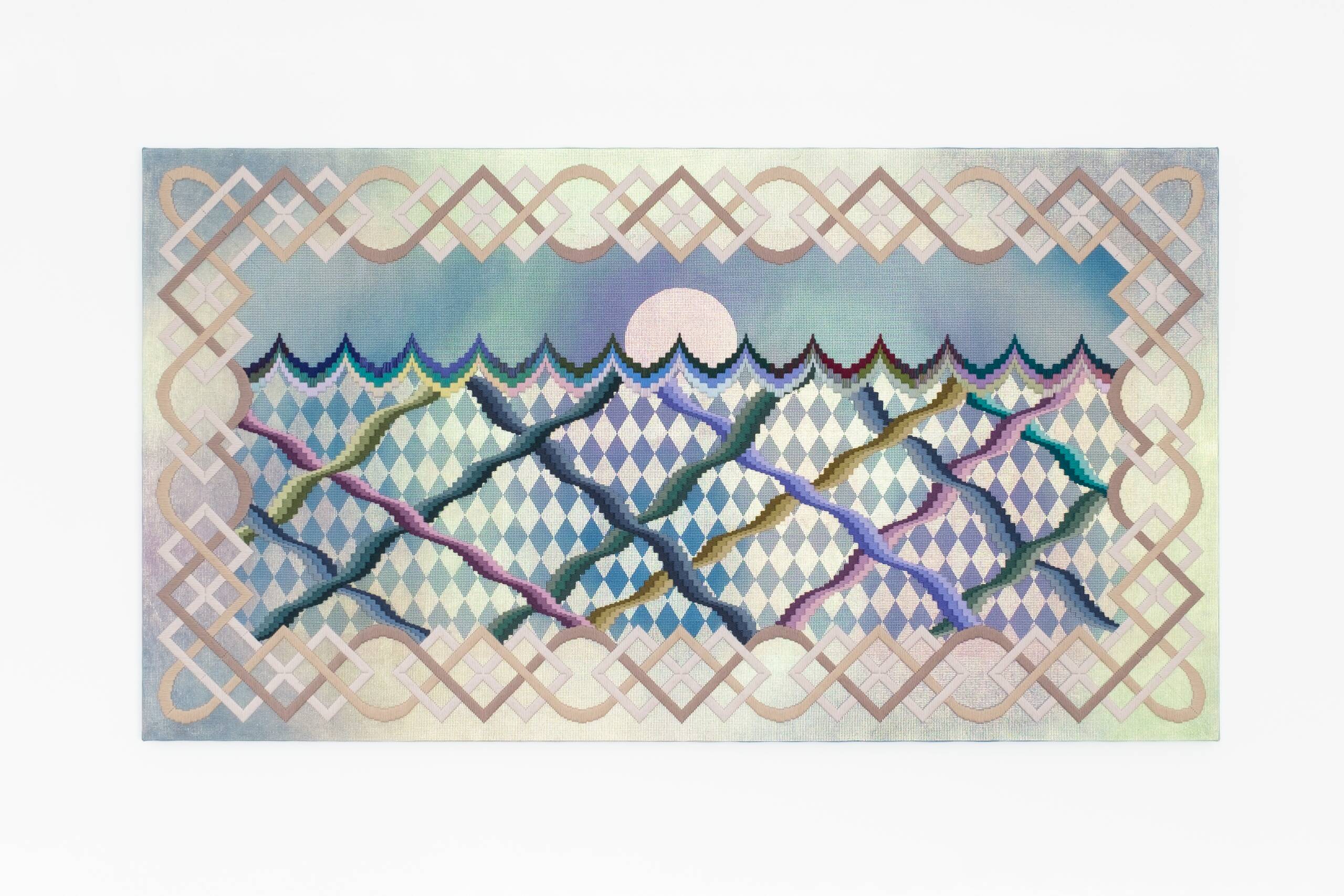 Somerset [passage of time, sunset], Hand-embroidered wool yarn and acrylic paint on canvas over gilded panel, 2021