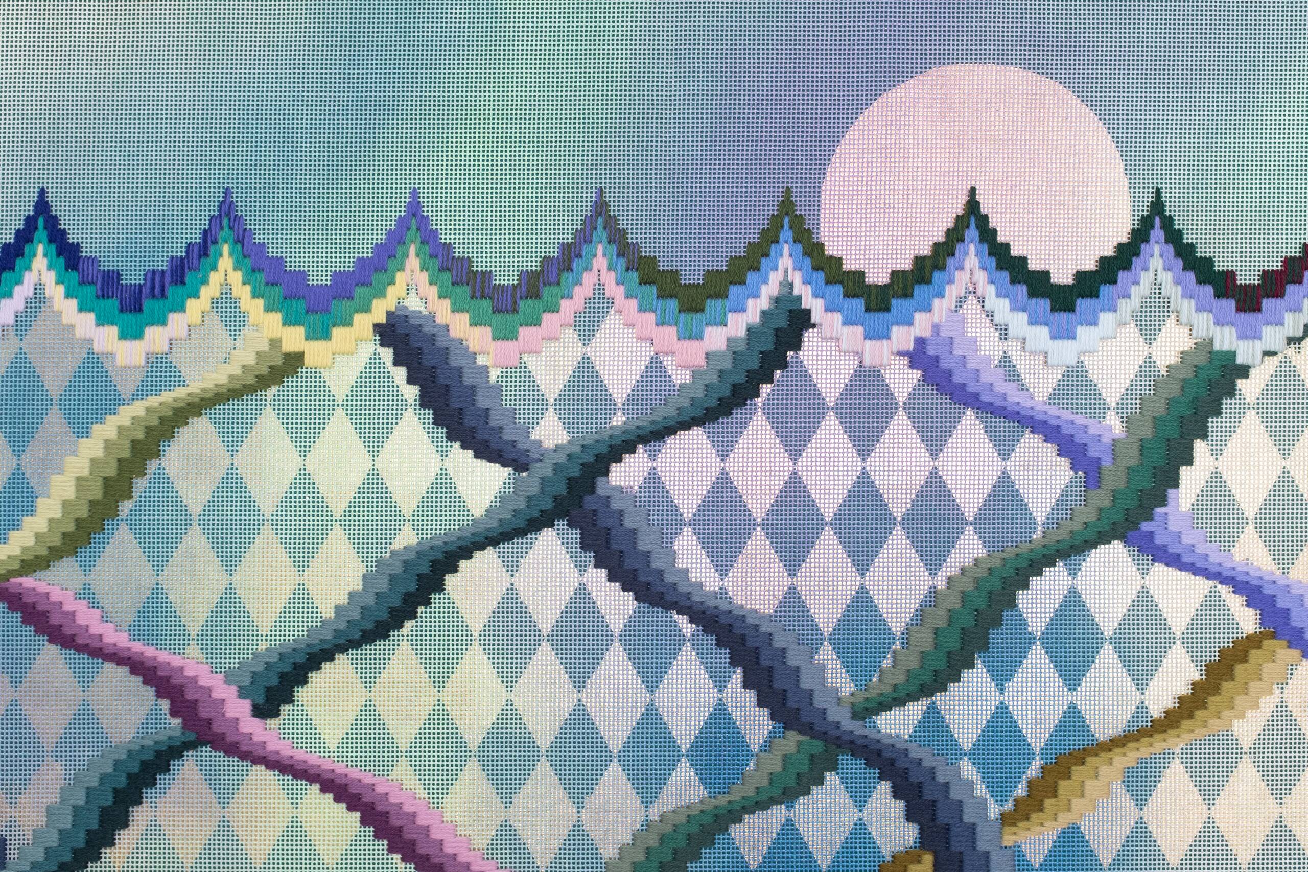 Somerset [passage of time, sunset], Hand-embroidered wool yarn and acrylic paint on canvas over gilded panel, 2021