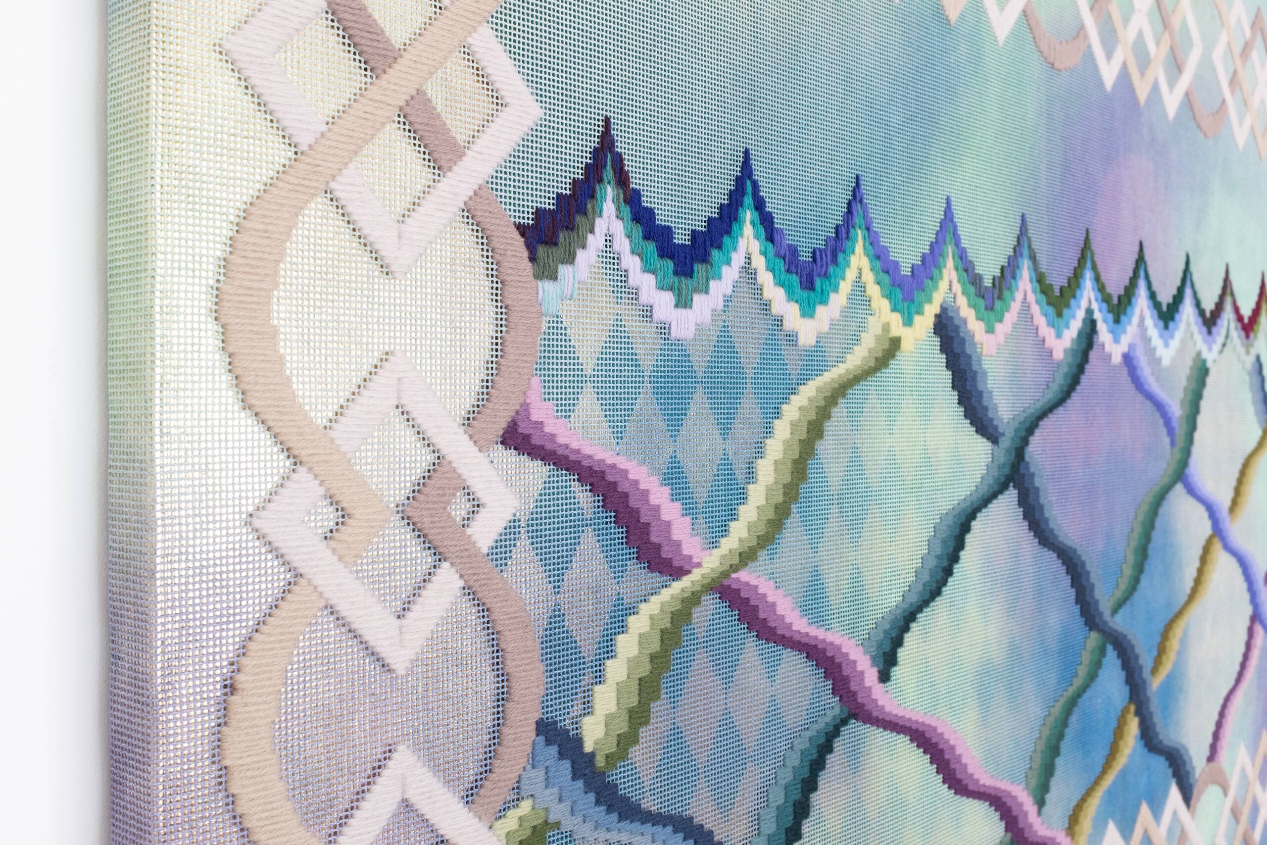 Somerset [passage of time, sunset], Hand-embroidered wool yarn and acrylic paint on canvas over gilded panel, 2021