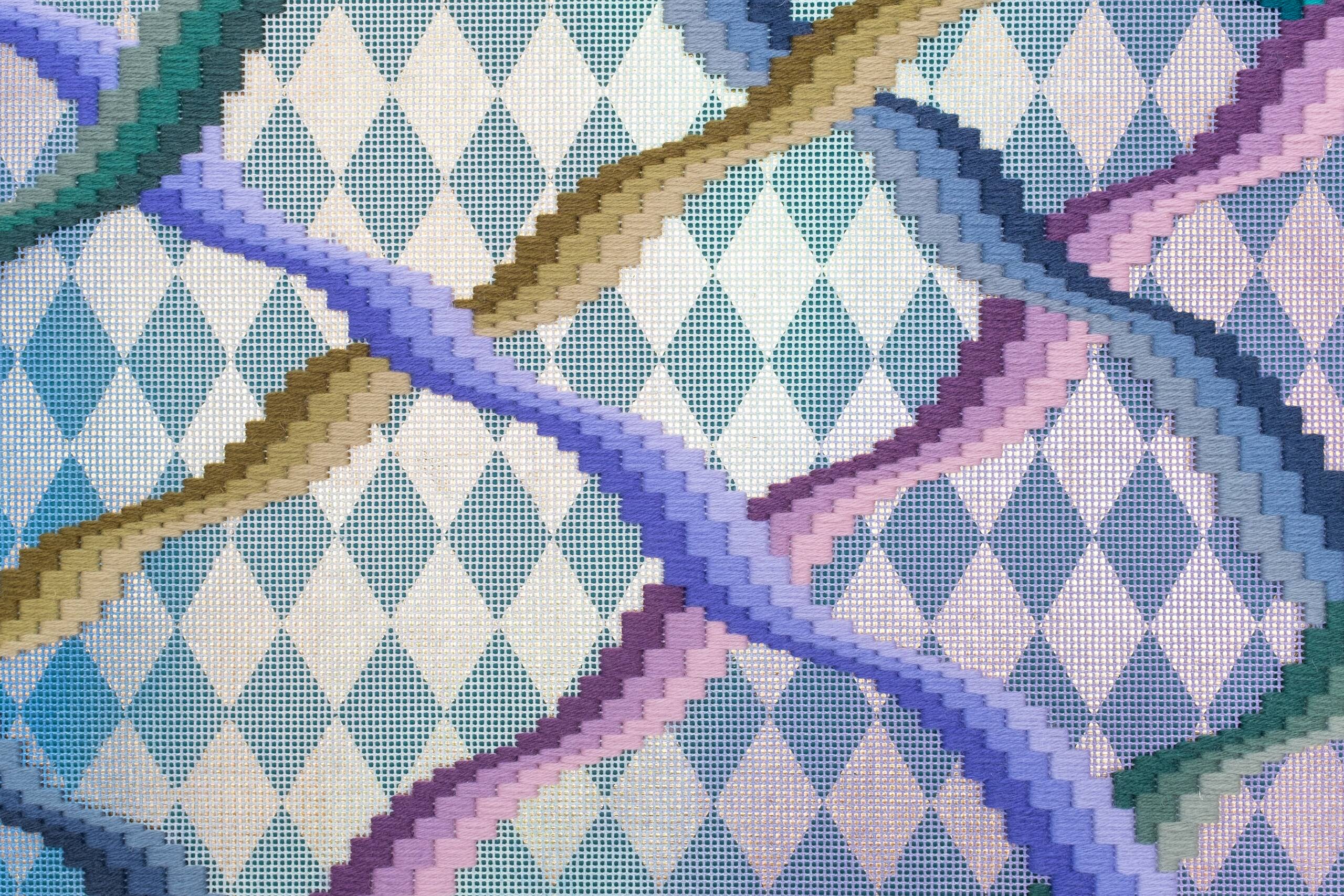 Somerset [passage of time, sunset], Hand-embroidered wool yarn and acrylic paint on canvas over gilded panel, 2021