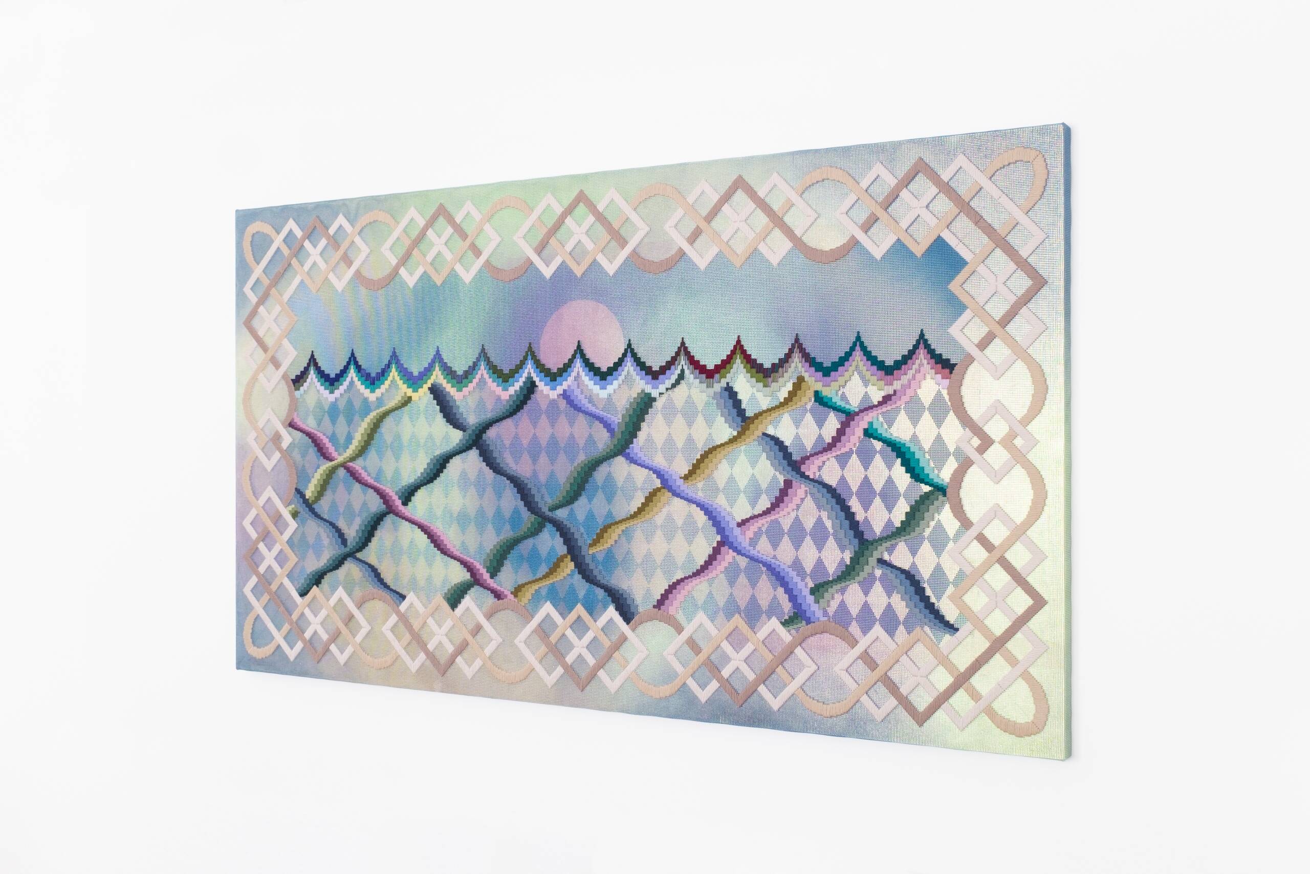 Somerset [passage of time, sunset], Hand-embroidered wool yarn and acrylic paint on canvas over gilded panel, 2021