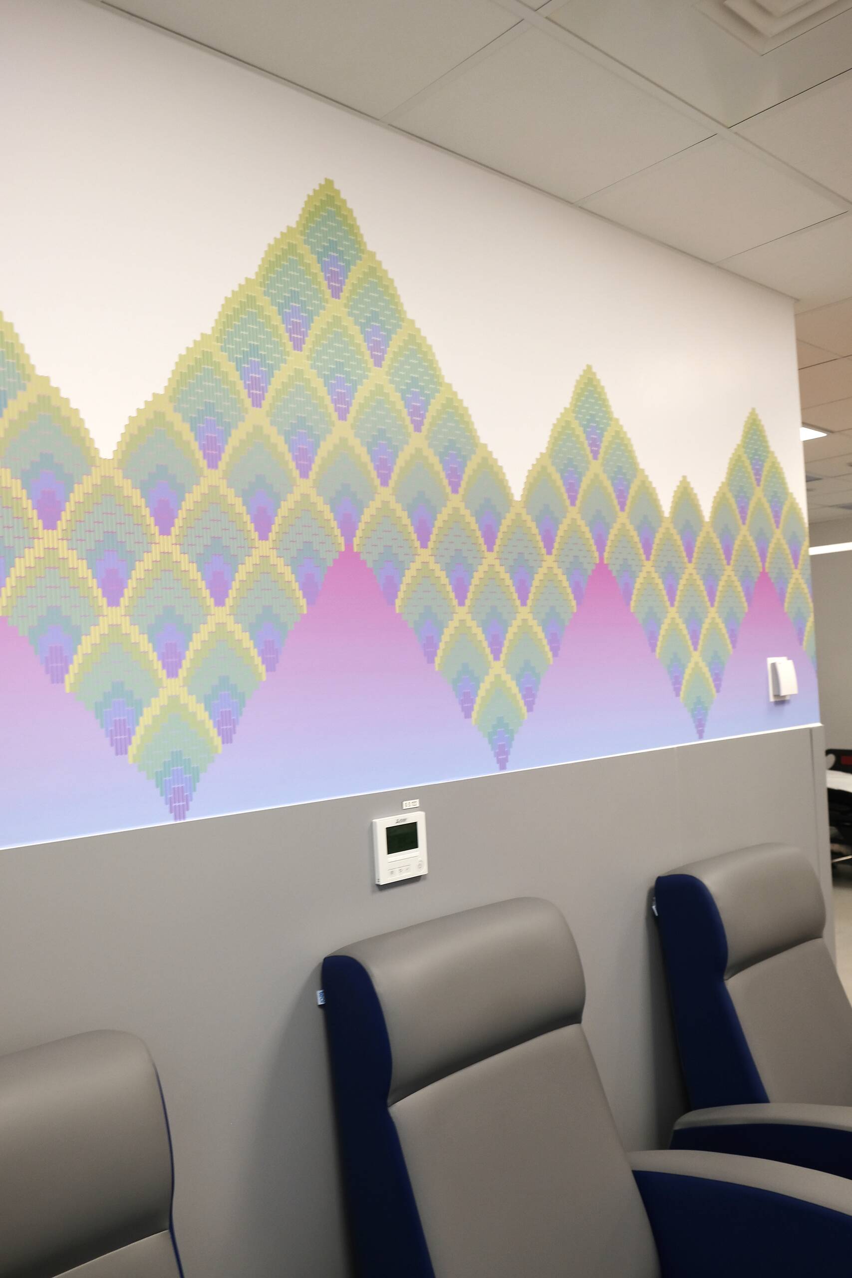 Stitch Space, Printed vinyl and framed works on paper, commissioned by Vital Art/ NHS for permanent installation at Newham Hospital, London, 2022