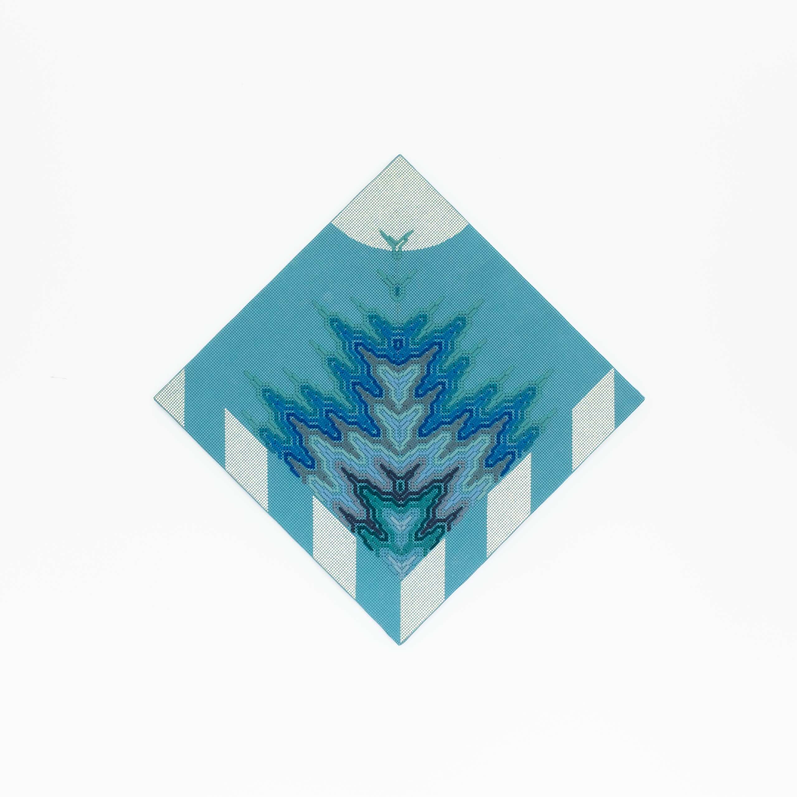 Sun Queen Rising [blue], Hand-embroidered wool yarn and acrylic paint on canvas over painted and gilded panel, 2022