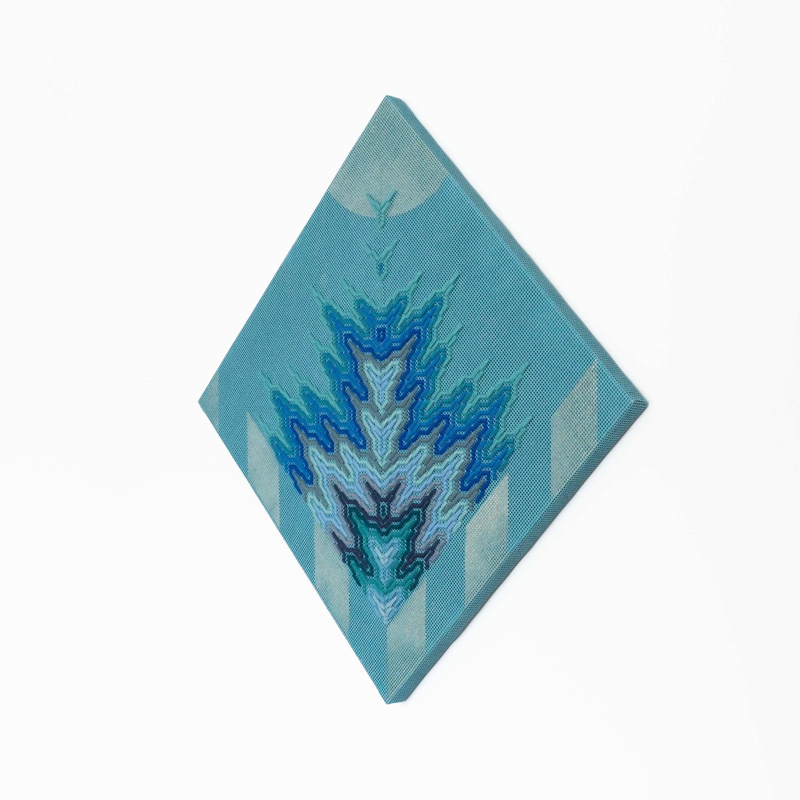 Sun Queen Rising [blue], Hand-embroidered wool yarn and acrylic paint on canvas over painted and gilded panel, 2022