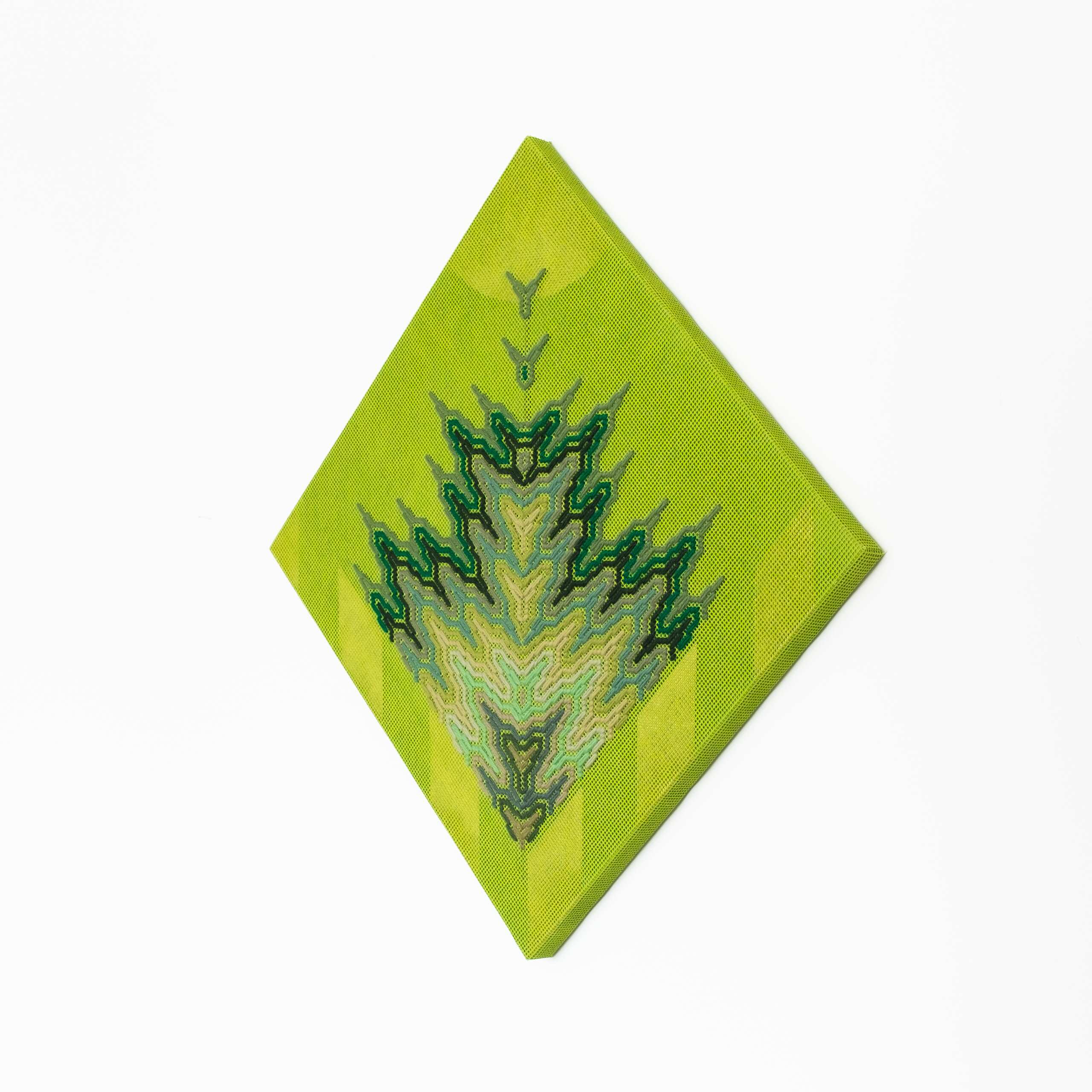 Sun Queen Rising [green], Hand-embroidered wool yarn and acrylic paint on canvas over painted and gilded panel, 2022