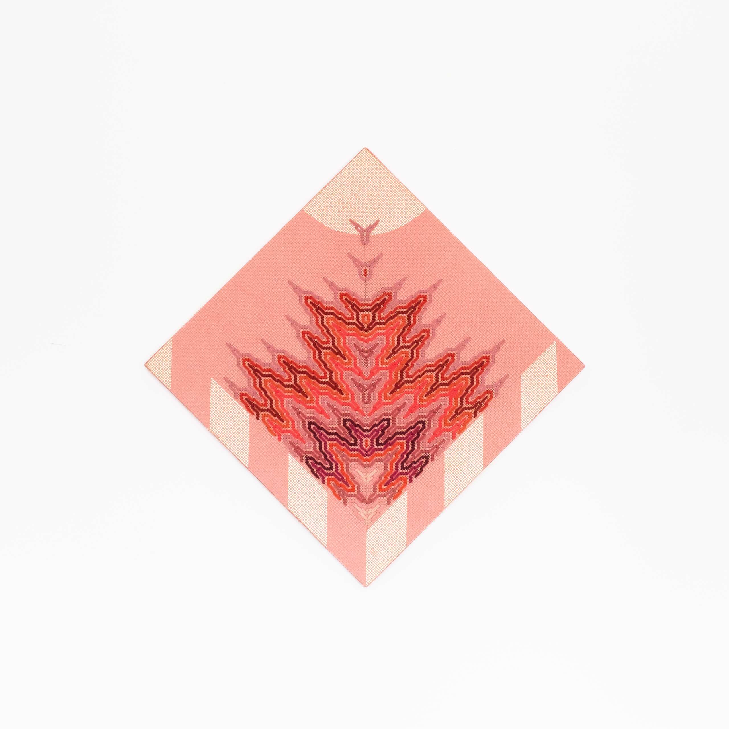 Sun Queen Rising [red], Hand-embroidered wool yarn and acrylic paint on canvas over painted and gilded panel, 2022
