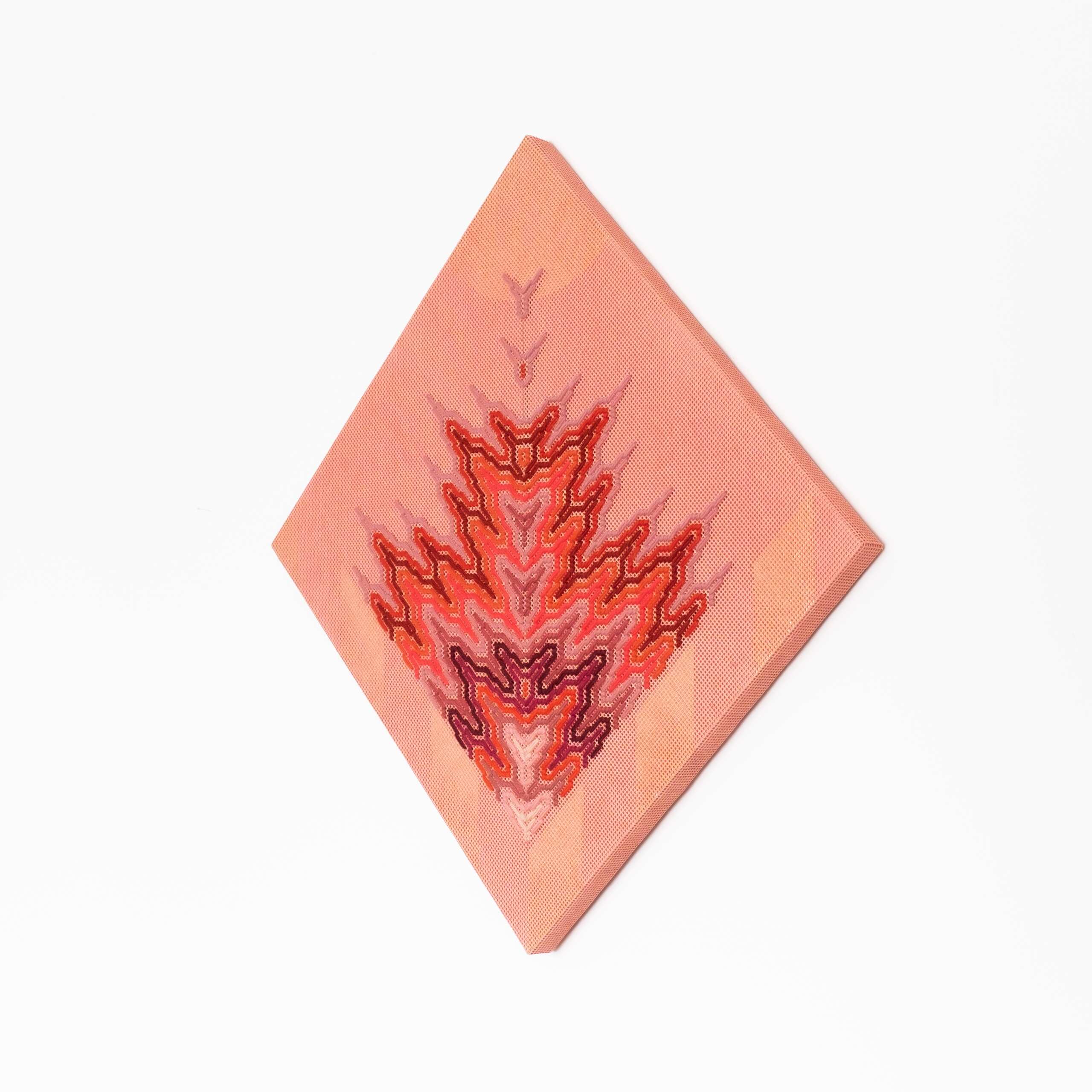 Sun Queen Rising [red], Hand-embroidered wool yarn and acrylic paint on canvas over painted and gilded panel, 2022
