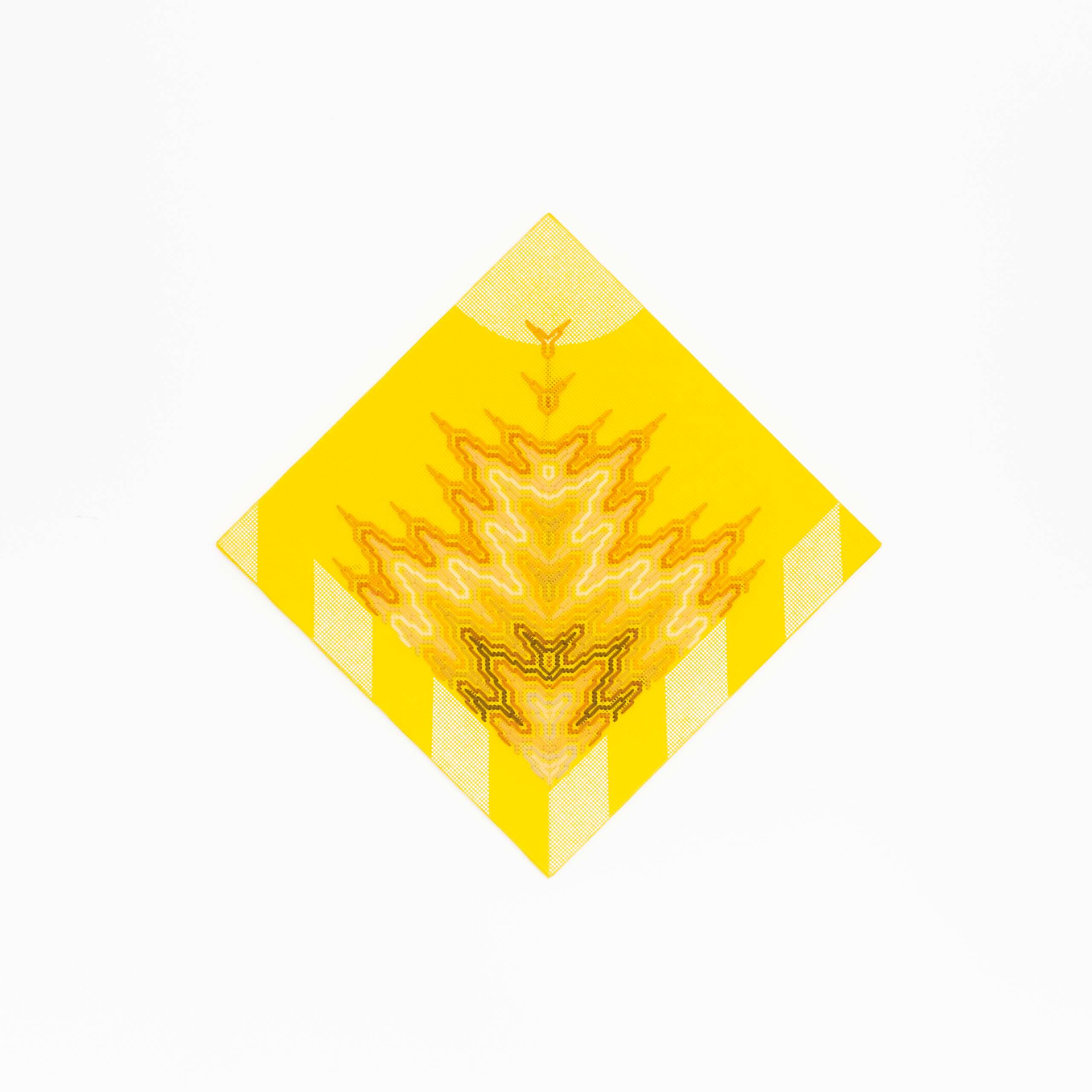 Sun Queen Rising [yellow], Hand-embroidered wool yarn and acrylic paint on canvas over painted and gilded panel, 2022