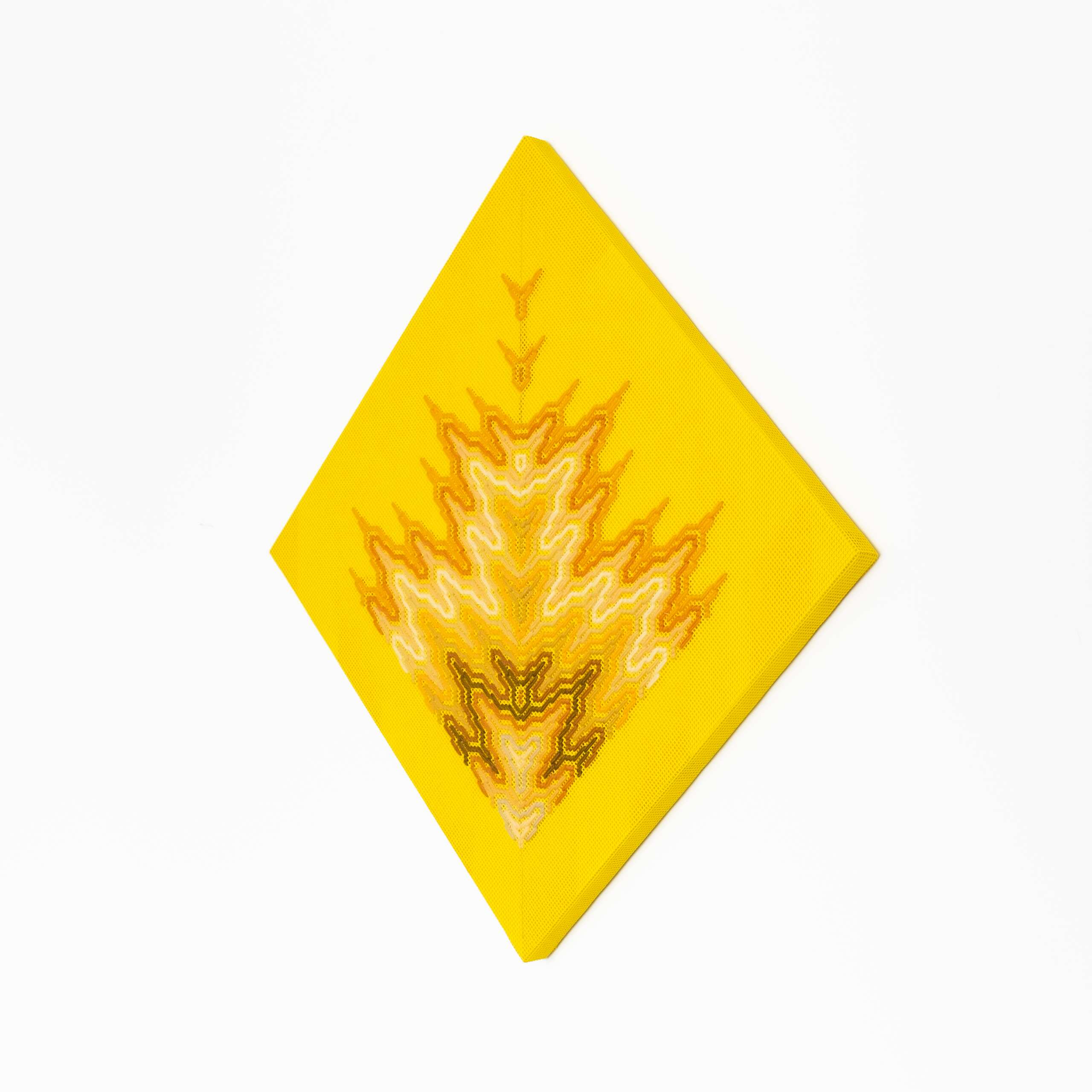 Sun Queen Rising [yellow], Hand-embroidered wool yarn and acrylic paint on canvas over painted and gilded panel, 2022