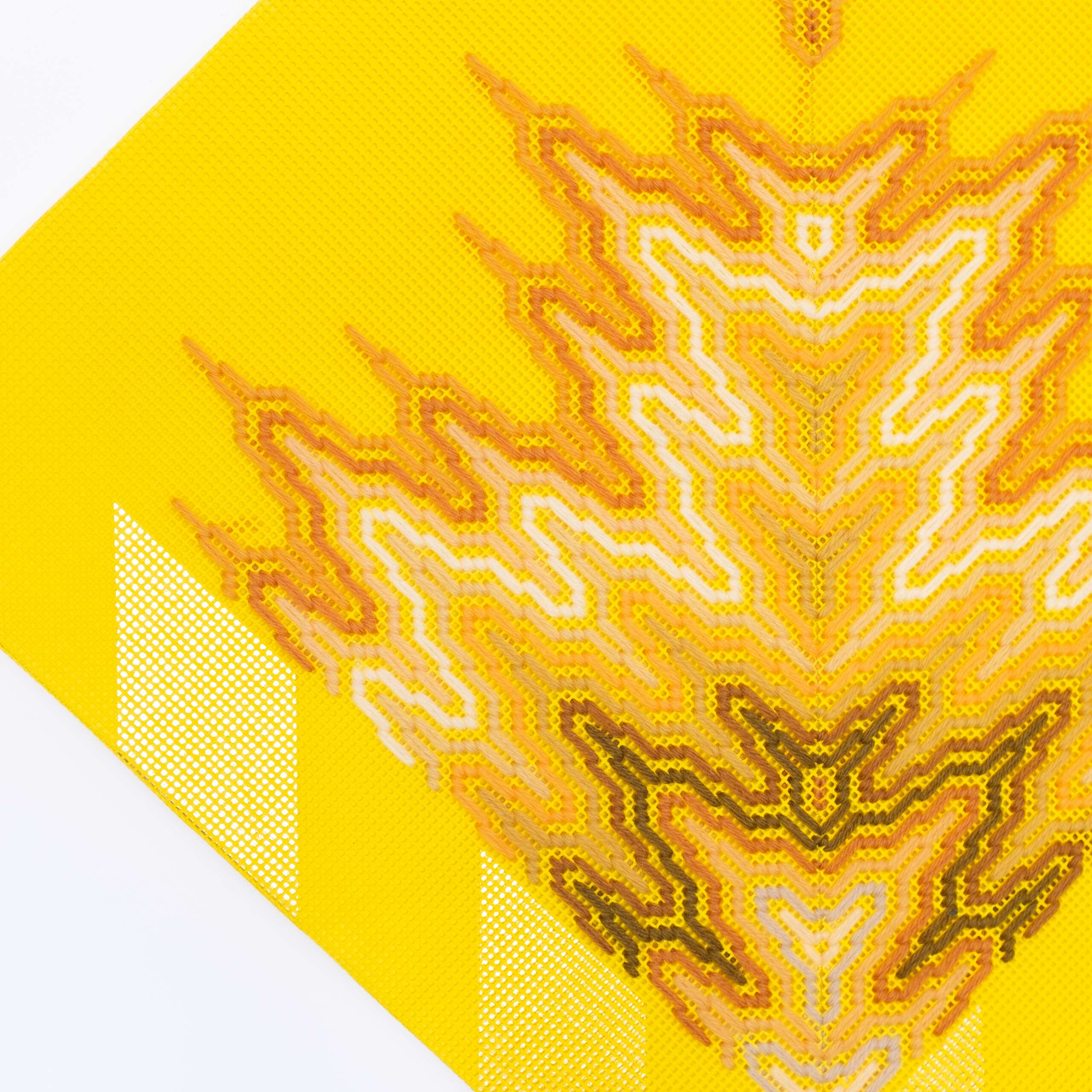 Sun Queen Rising [yellow], Hand-embroidered wool yarn and acrylic paint on canvas over painted and gilded panel, 2022