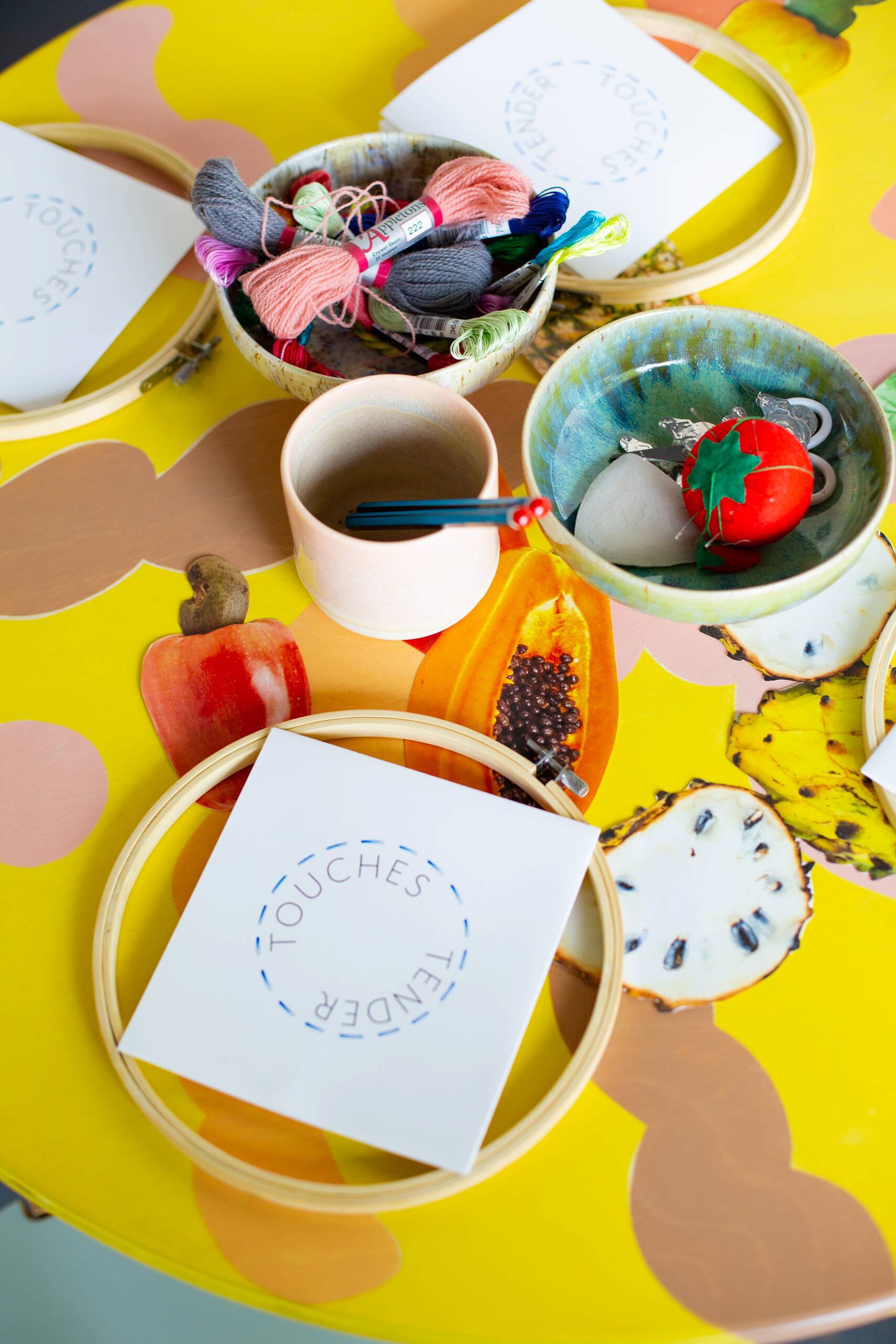 Tender Touches workshop, Embroidered painting workshop held at AMP Gallery, London UK as part of the Tender Touches exhibition, 2019
