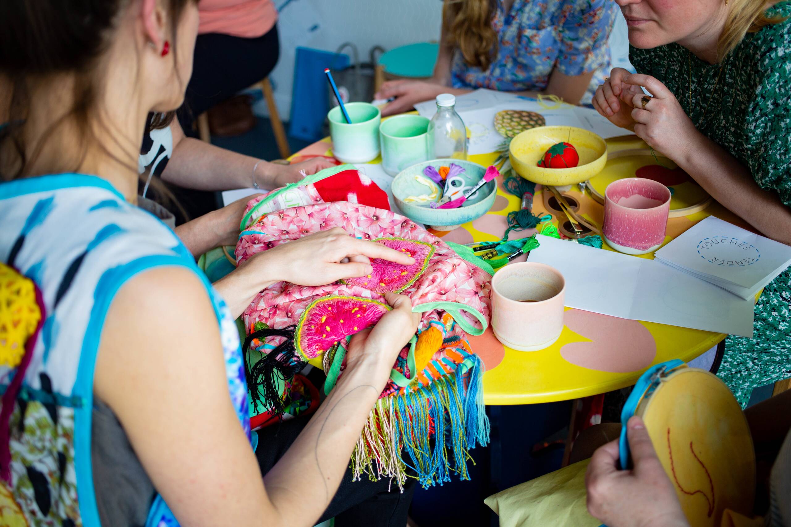 Tender Touches workshop, Embroidered painting workshop held at AMP Gallery, London UK as part of the Tender Touches exhibition, 2019