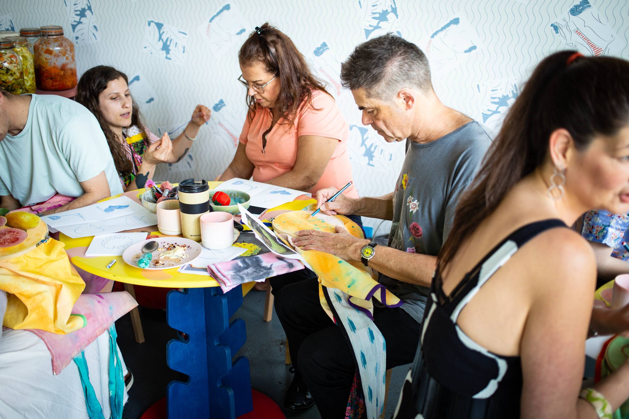 Tender Touches workshop, Embroidered painting workshop held at AMP Gallery, London UK as part of the Tender Touches exhibition, 2019