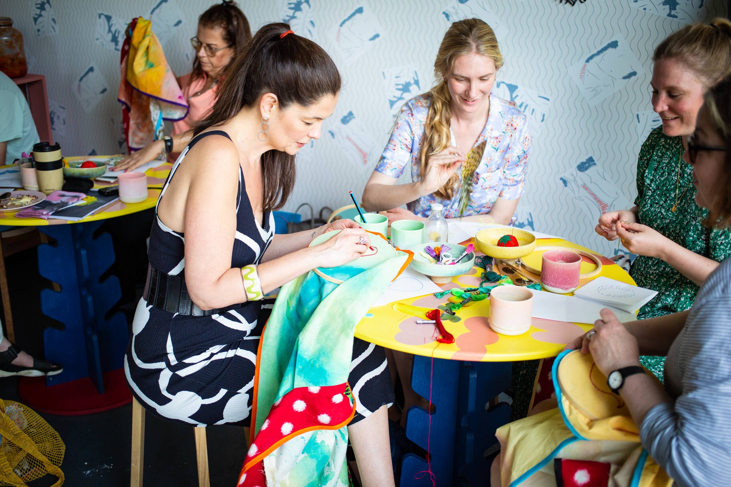 Tender Touches workshop, Embroidered painting workshop held at AMP Gallery, London UK as part of the Tender Touches exhibition, 2019