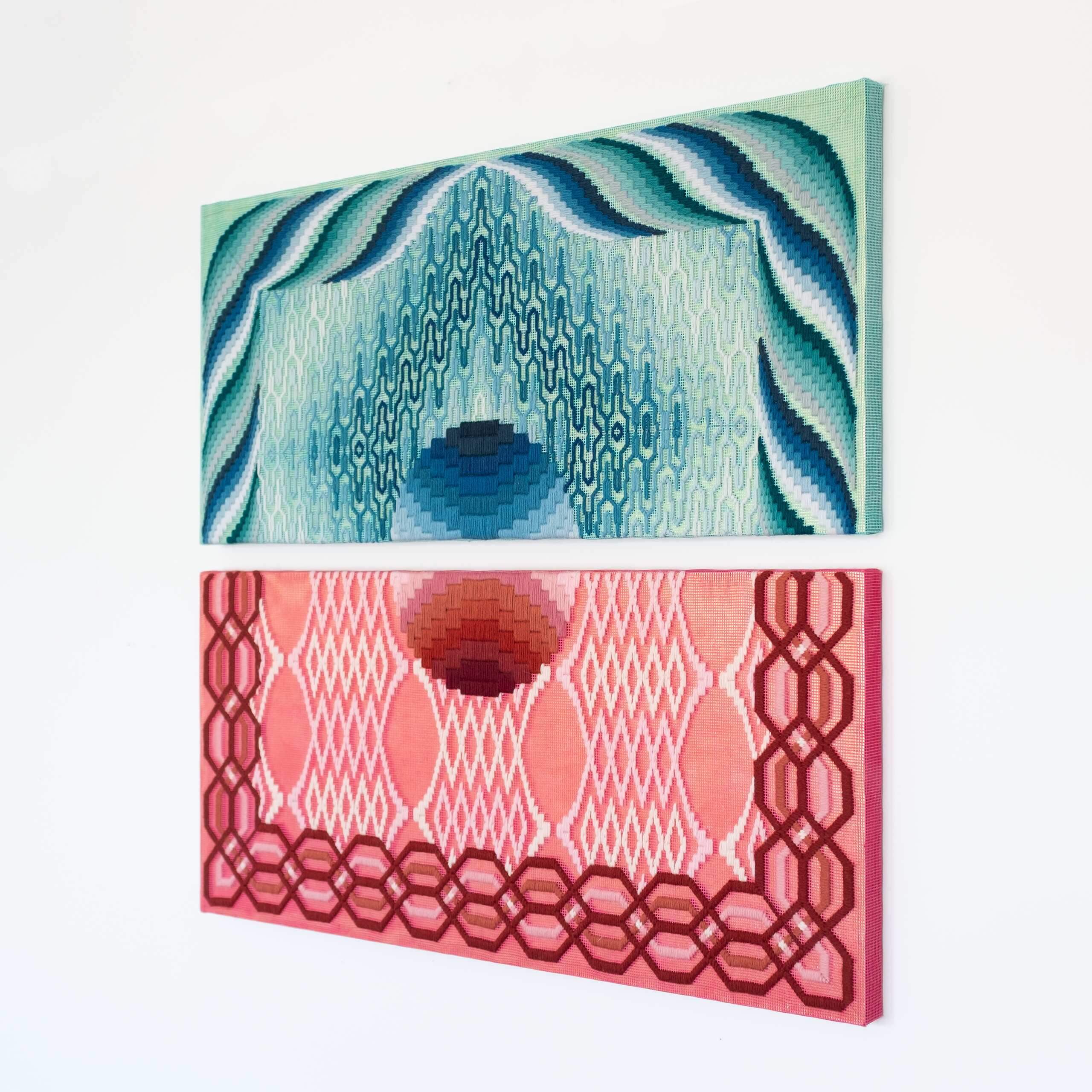 The dawn of a new day [blue & red], Hand-embroidered wool thread and acrylic paint on canvas over gilded panel, 2020