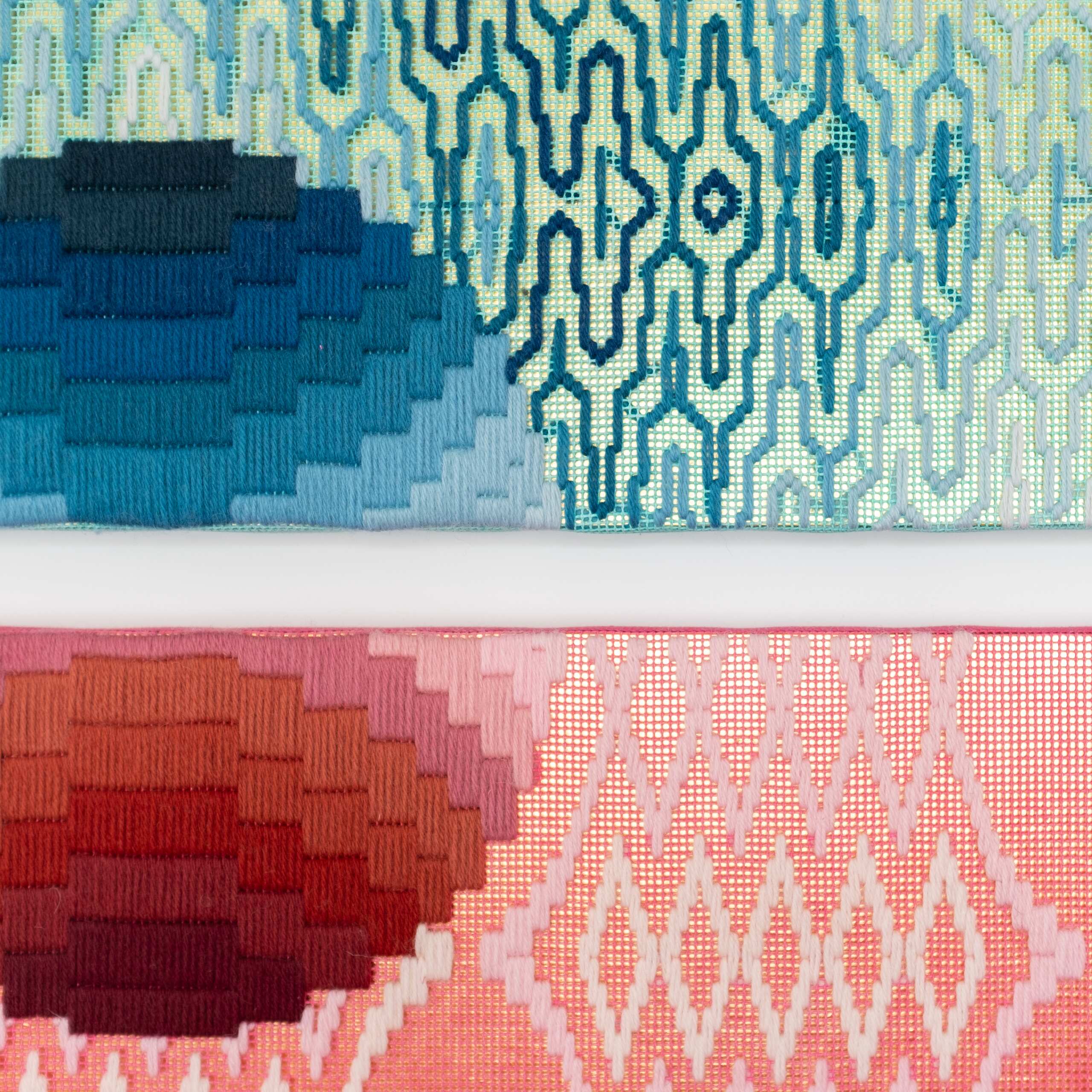 The dawn of a new day [blue & red], Hand-embroidered wool thread and acrylic paint on canvas over gilded panel, 2020