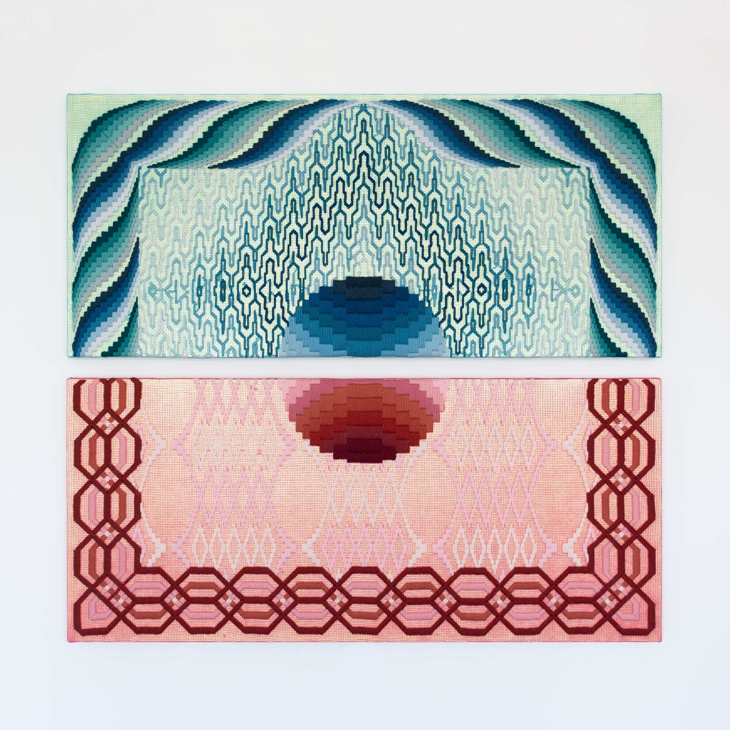 The dawn of a new day [blue & red], Hand-embroidered wool thread and acrylic paint on canvas over gilded panel, 2020