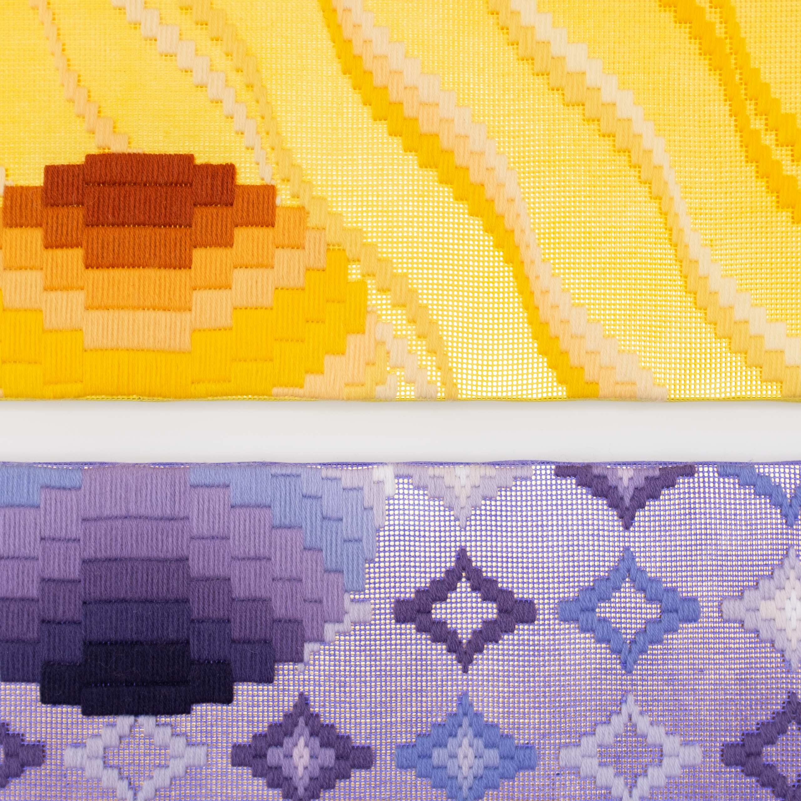 The dawn of a new day [yellow & purple], Hand-embroidered wool thread and acrylic paint on canvas over gilded panel, 2020