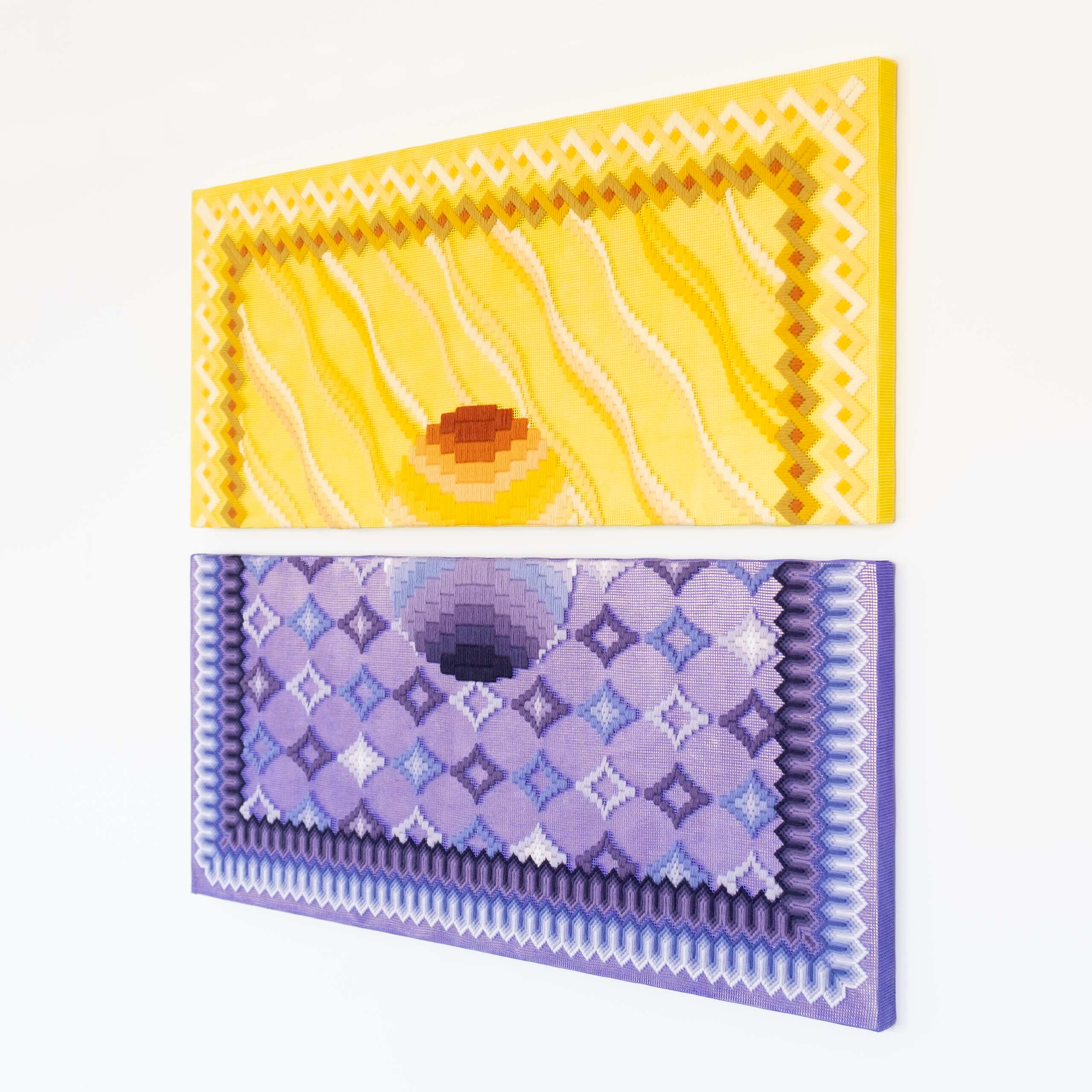 The dawn of a new day [yellow & purple], Hand-embroidered wool thread and acrylic paint on canvas over gilded panel, 2020