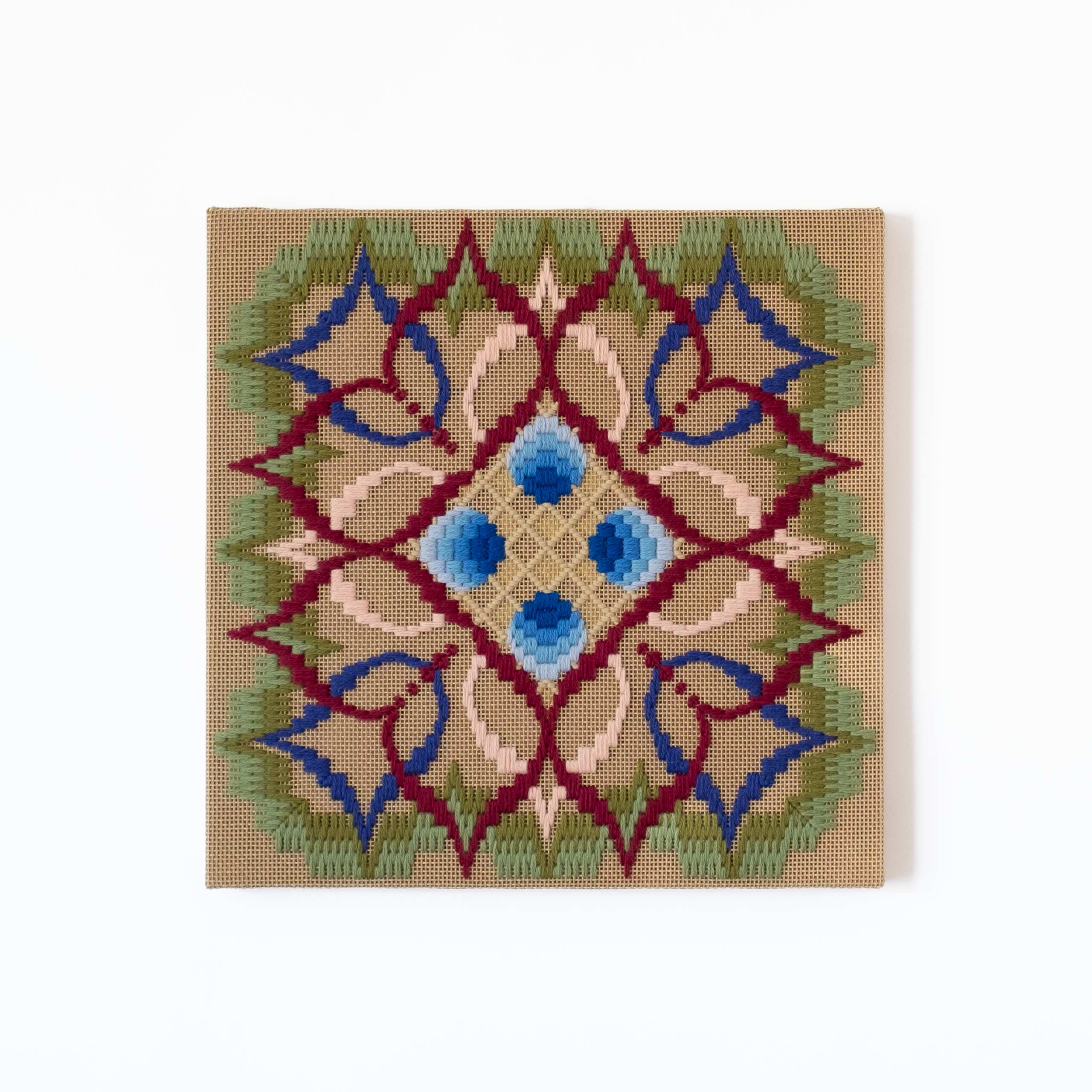 The flower of what's true [blue], Hand-embroidered wool yarn on cotton canvas over cedar panel, 24-carat gold leaf, 2024