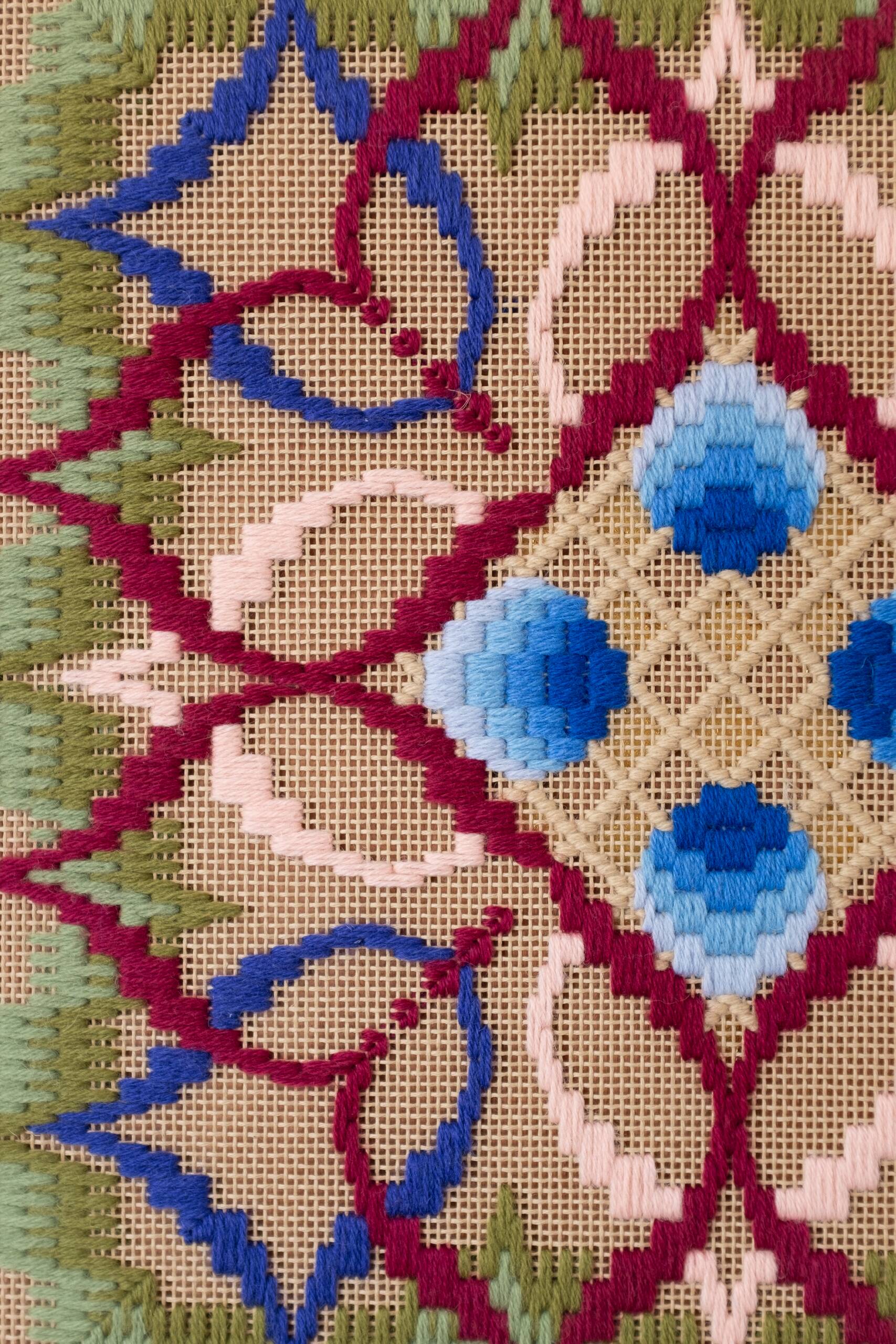 The flower of what's true [blue], Hand-embroidered wool yarn on cotton canvas over cedar panel, 24-carat gold leaf, 2024