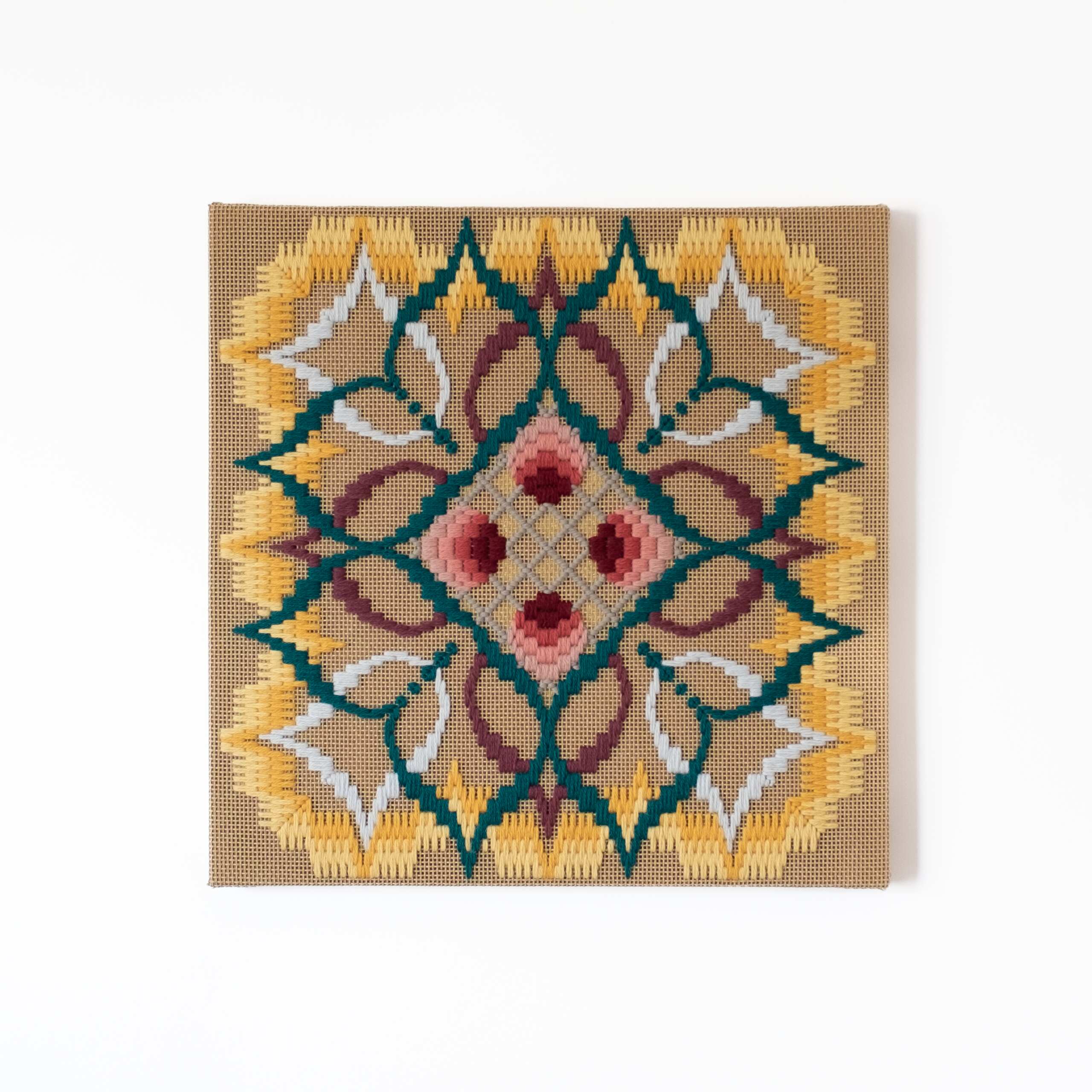 The flower of what's true [red], Hand-embroidered wool yarn on cotton canvas over cedar panel, 24-carat gold leaf, 2024