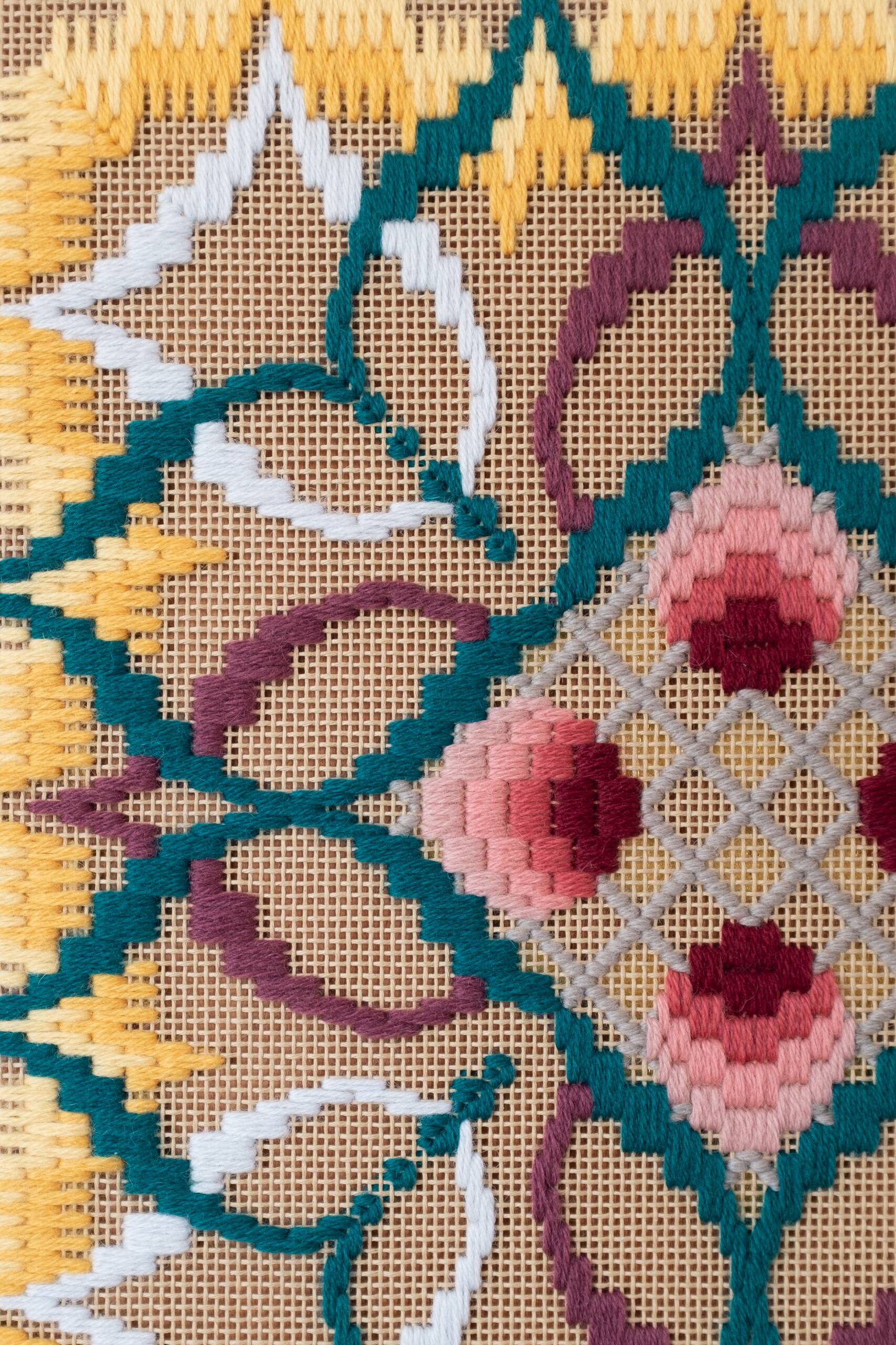 The flower of what's true [red], Hand-embroidered wool yarn on cotton canvas over cedar panel, 24-carat gold leaf, 2024